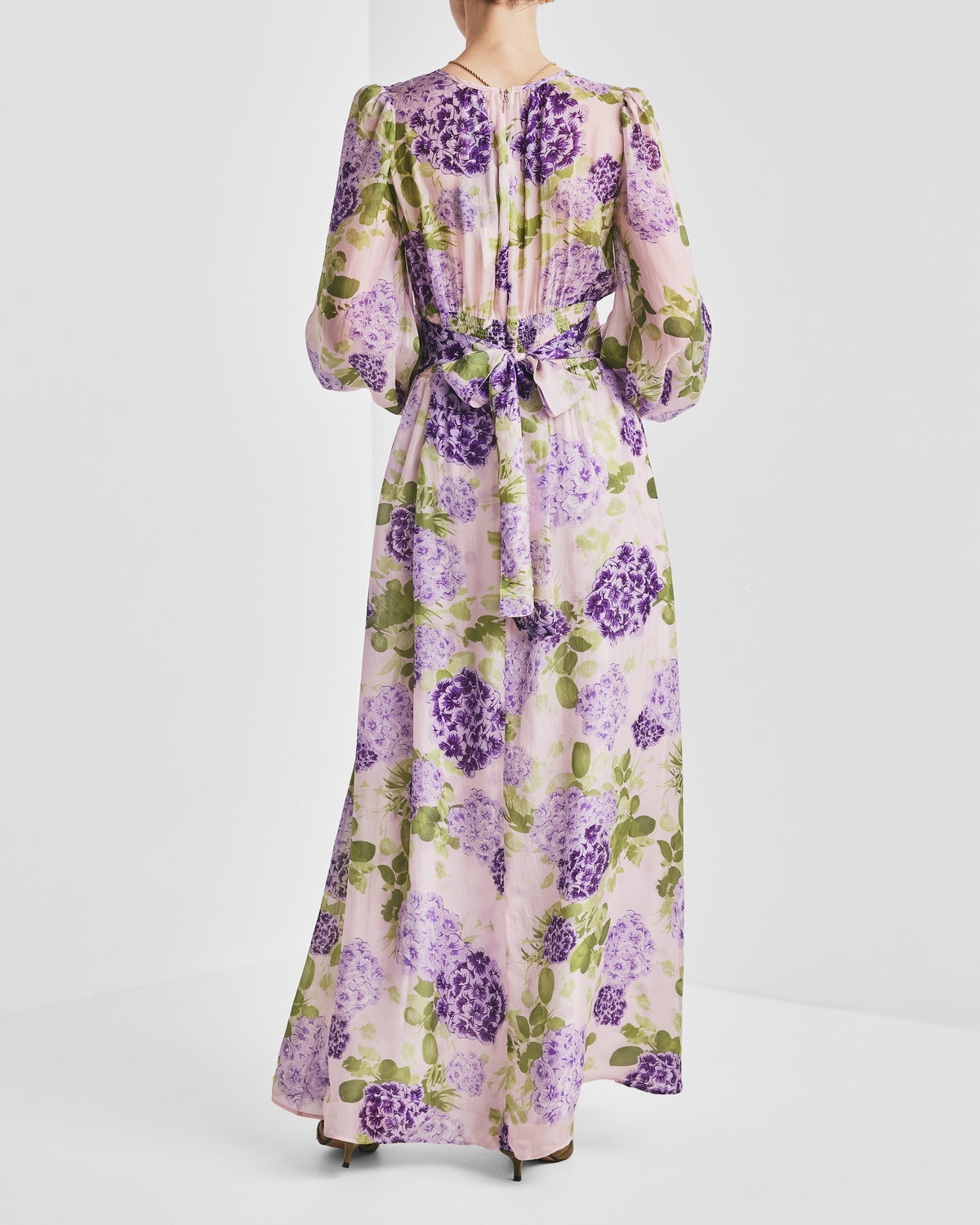 Cupro Tieband Gown, Purple Flowerfield. Image #4
