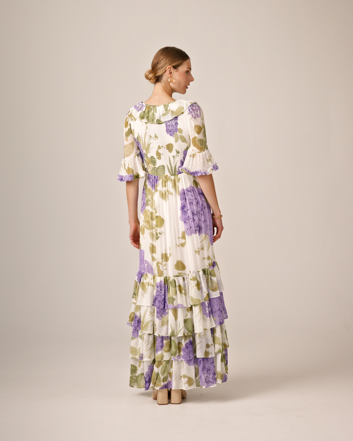 Dotted Georgette Rouching Dress, Purple Flowerfield. Image #3
