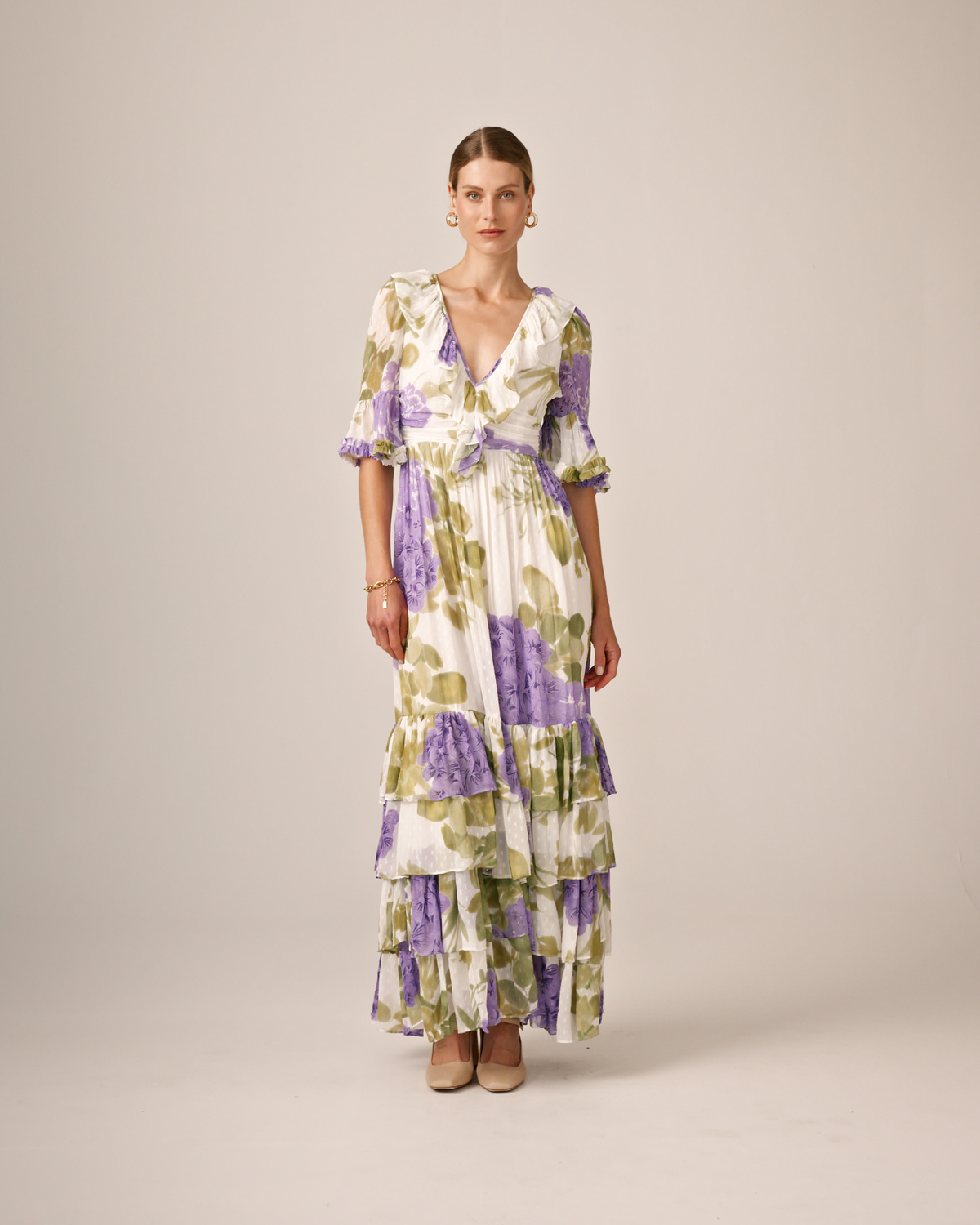 Dotted Georgette Rouching Dress, Purple Flowerfield. Image #2