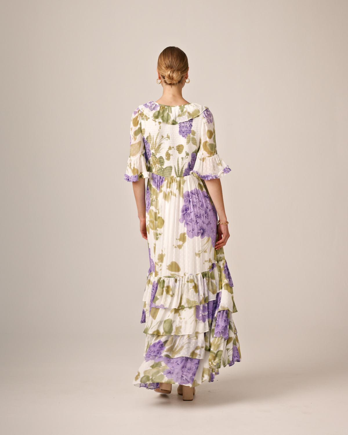 Dotted Georgette Rouching Dress, Purple Flowerfield. Image #4