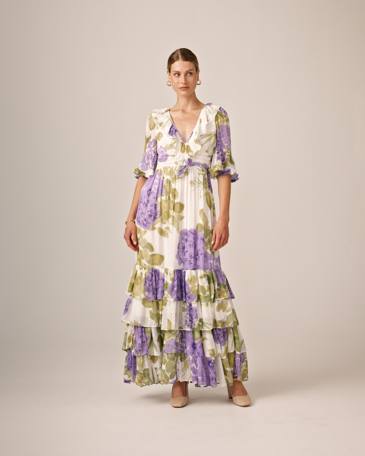 Dotted Georgette Rouching Dress, Purple Flowerfield. Image #1