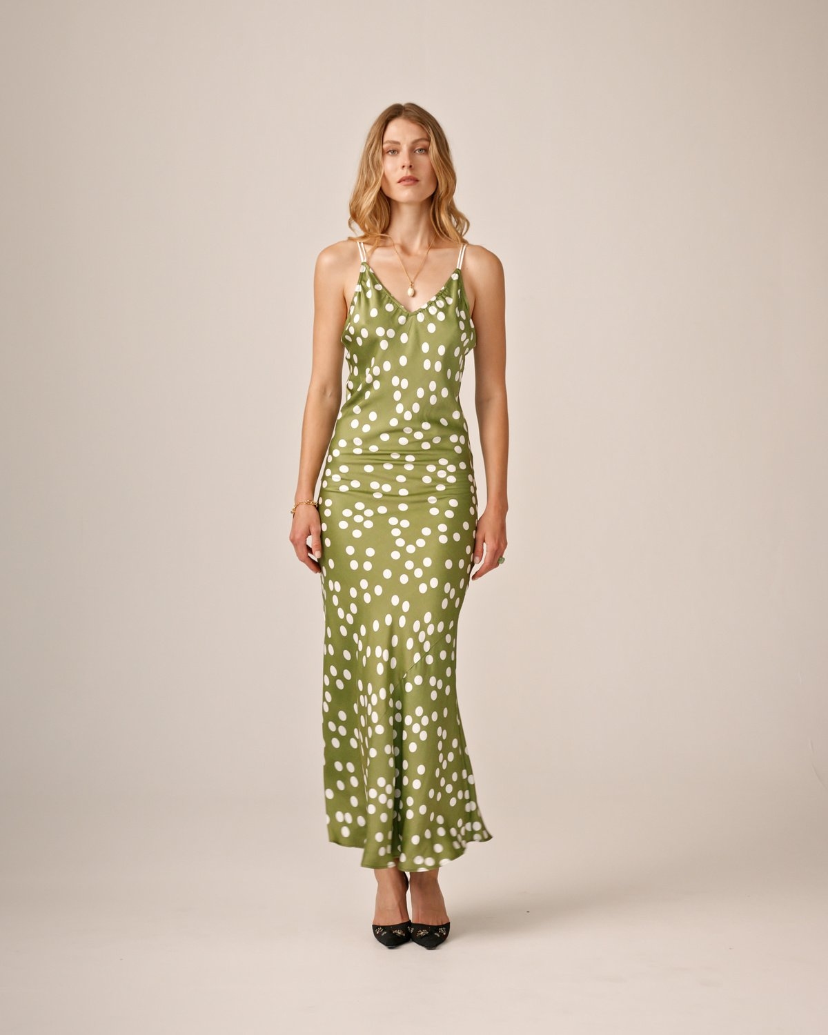 Satin Slip Dress, Dotted Green. Image #3