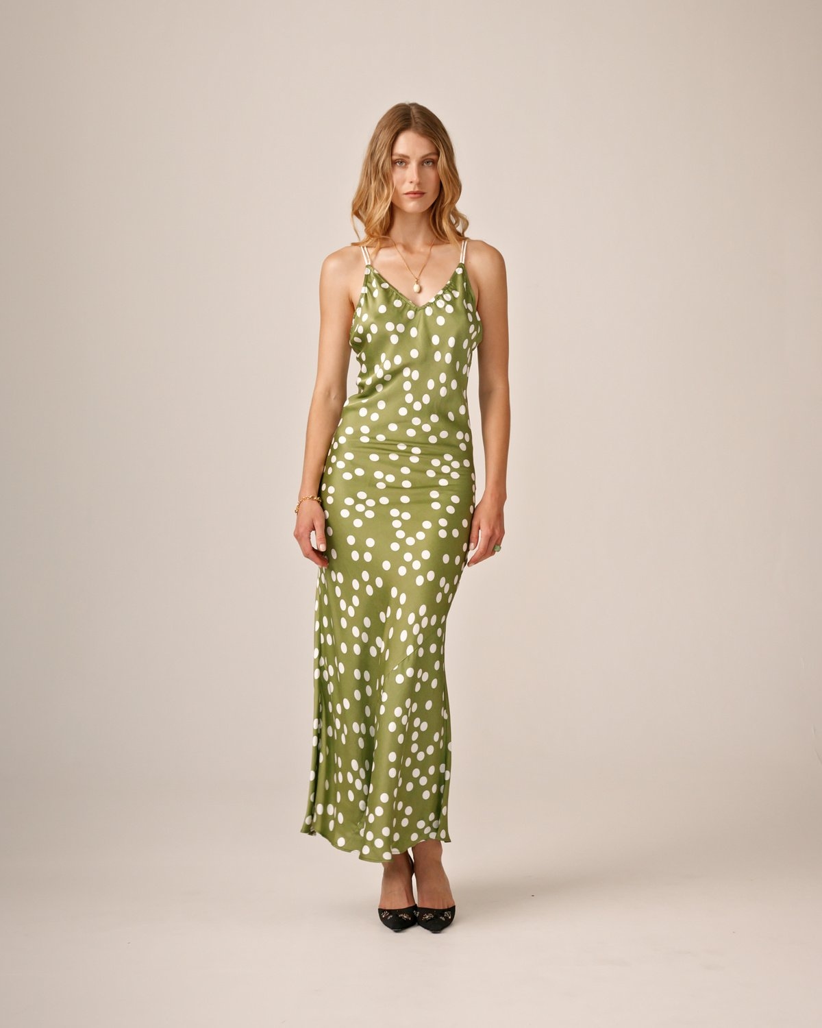 Satin Slip Dress, Dotted Green. Image #2