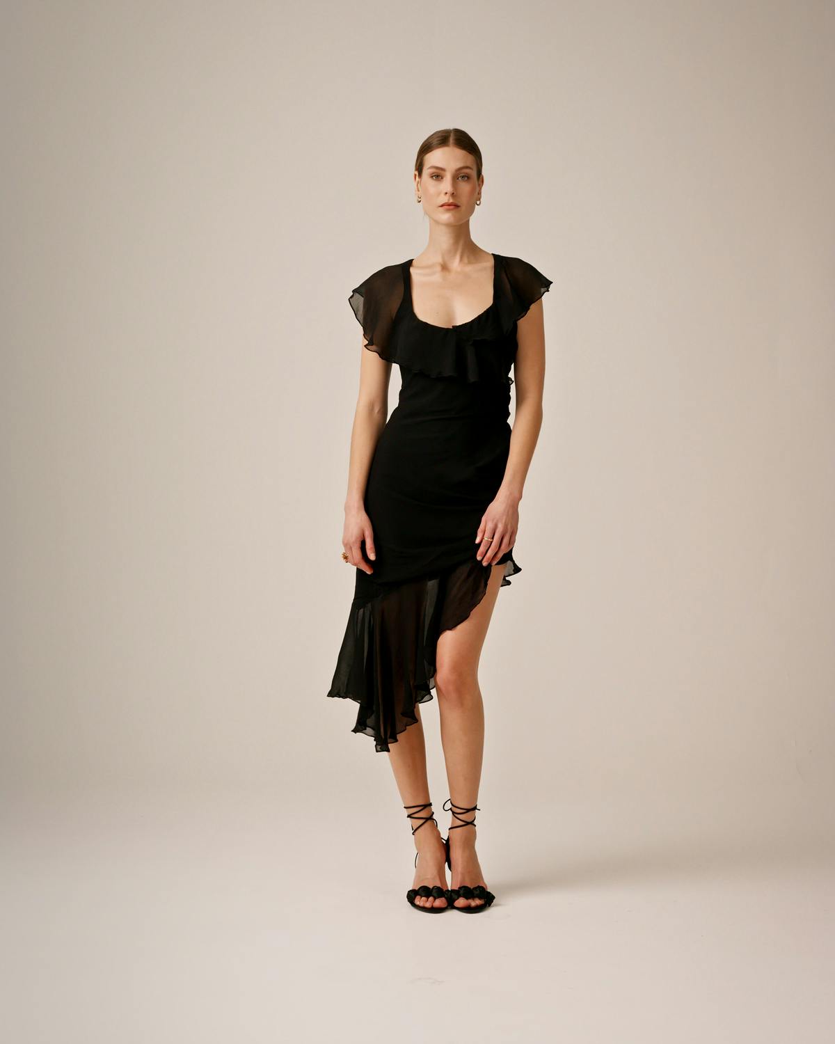 Chiffon Asymmetric Dress, Black. Image #1