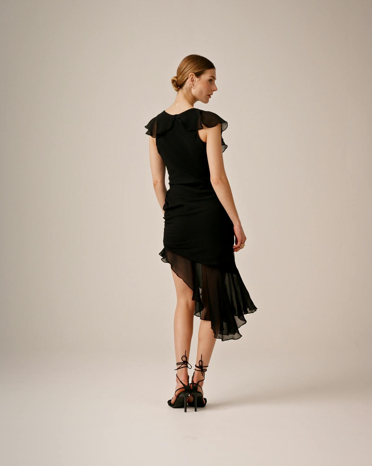 Chiffon Asymmetric Dress, Black. Image #3