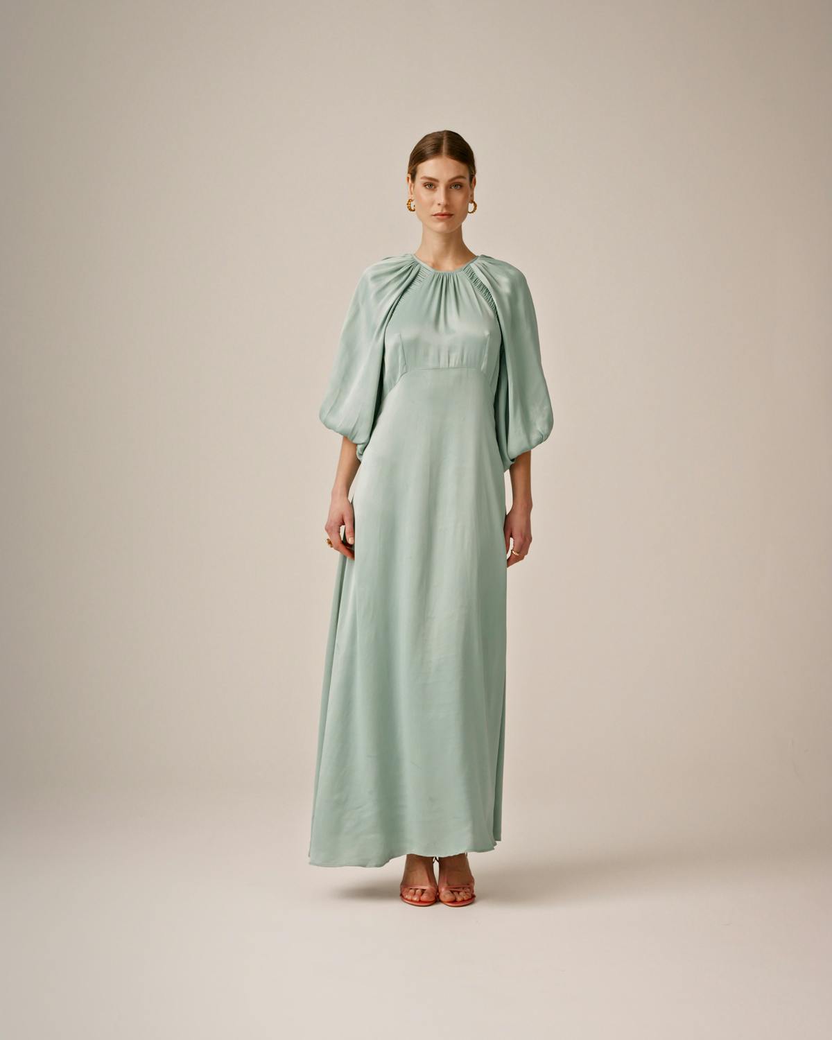 Crepe Satin Maxi Dress, Turquoise. Image #5