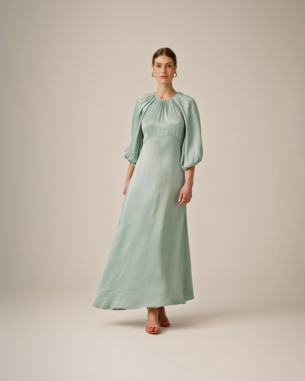 Crepe Satin Maxi Dress, Turquoise. Image #3