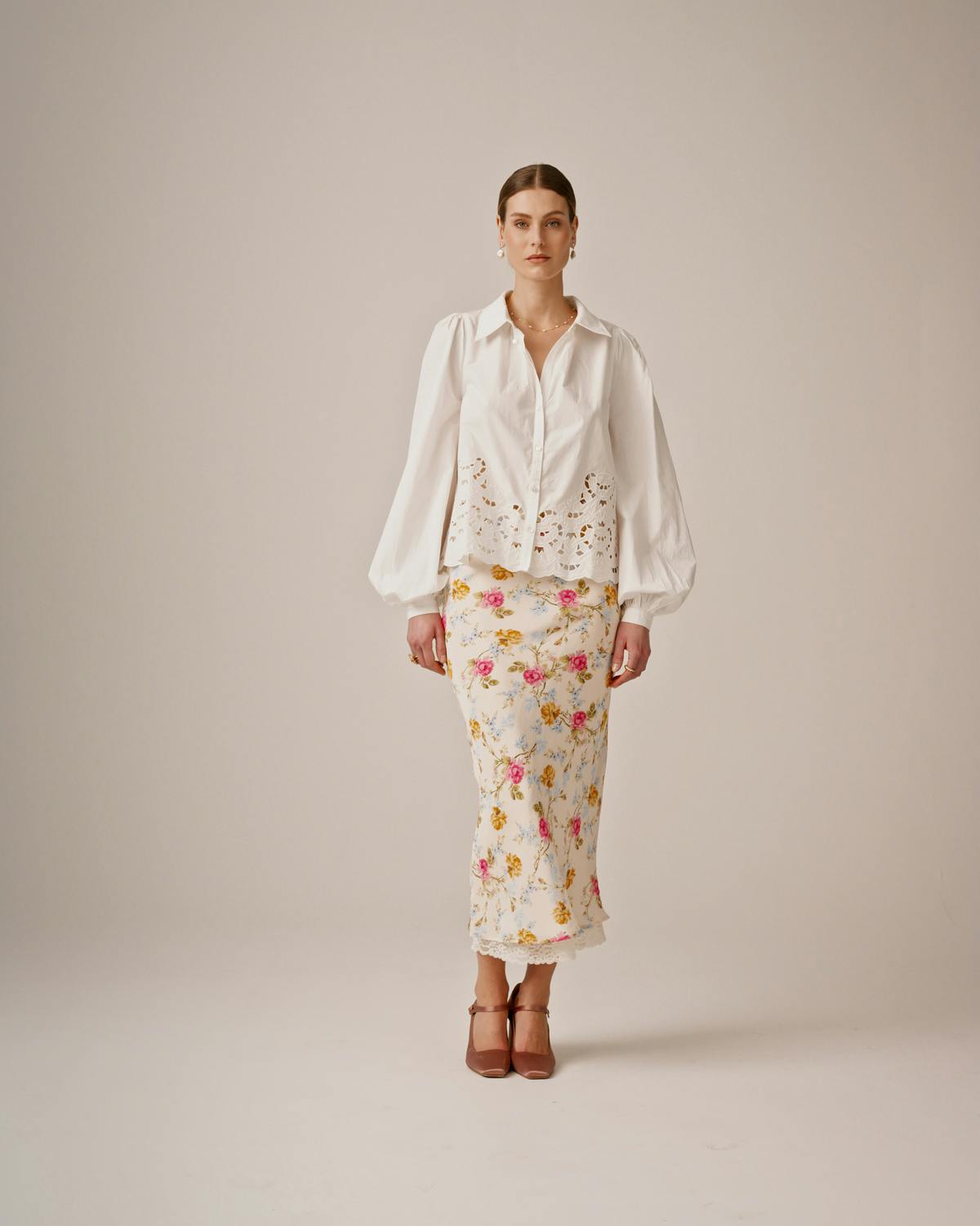 Satin Midi Lace Skirt, Daylight Roses. Image #1