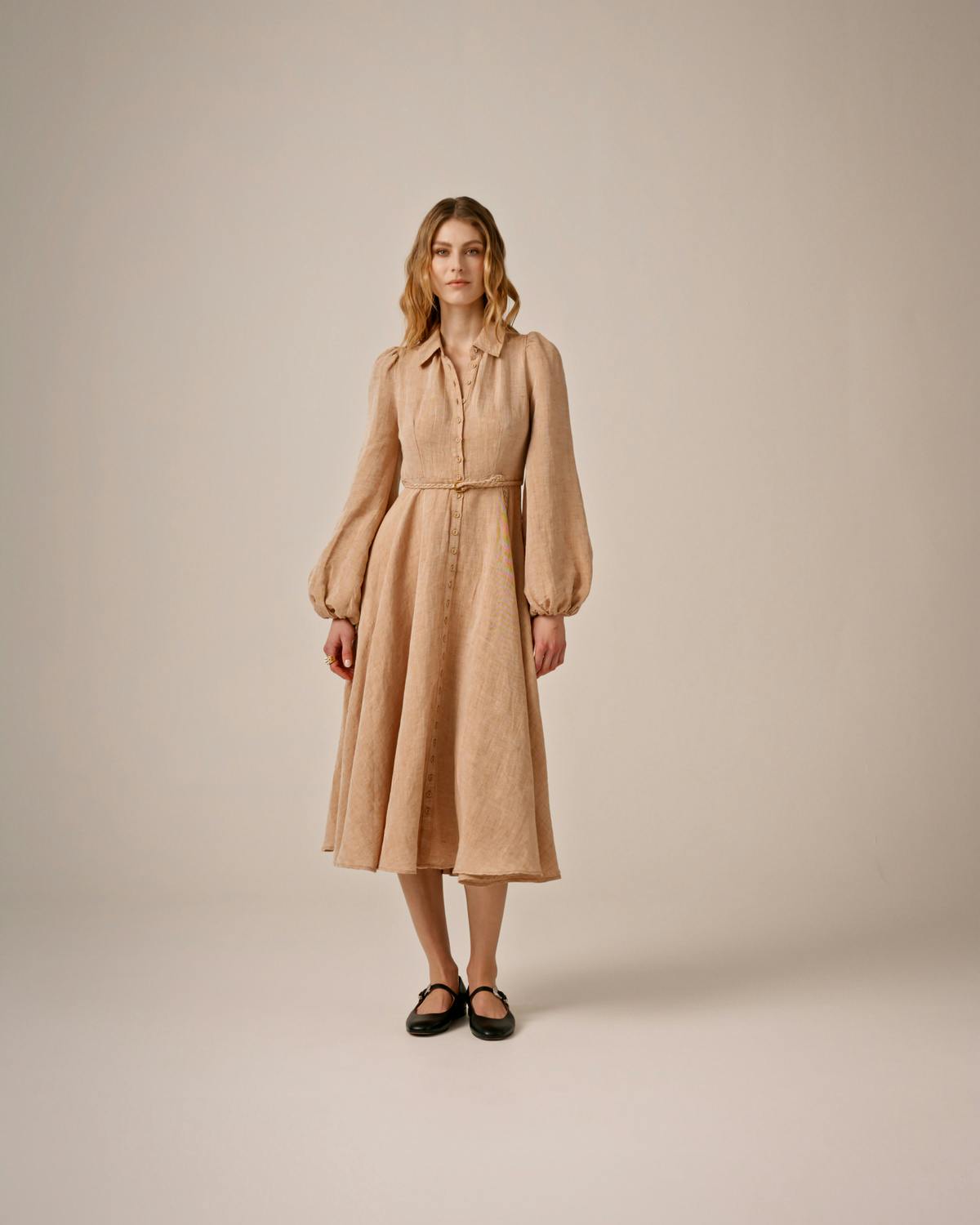 Linen Collared Midi Dress, Beige Melange. Image #1