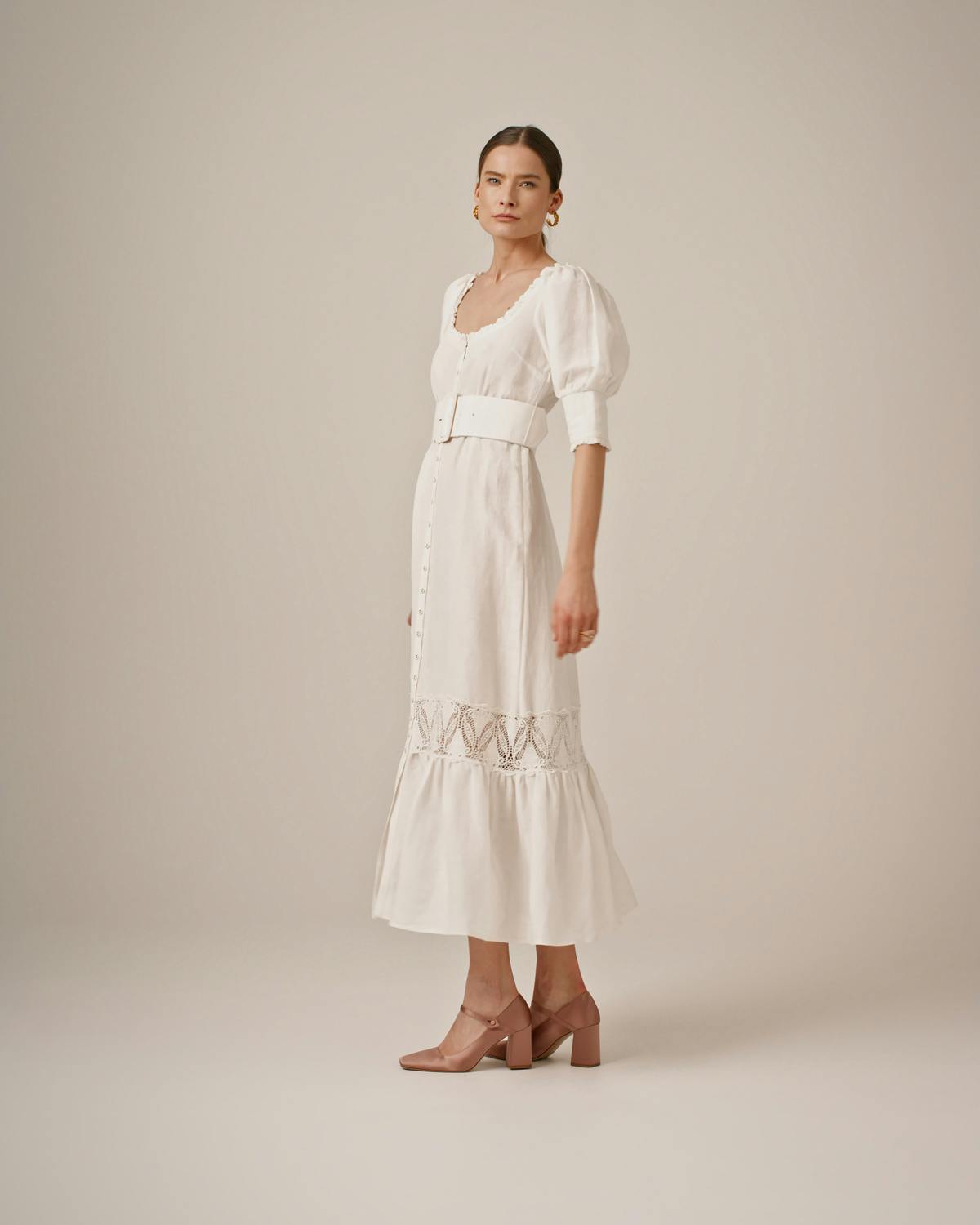 Linen Button Down Dress, Perfect White. Image #4
