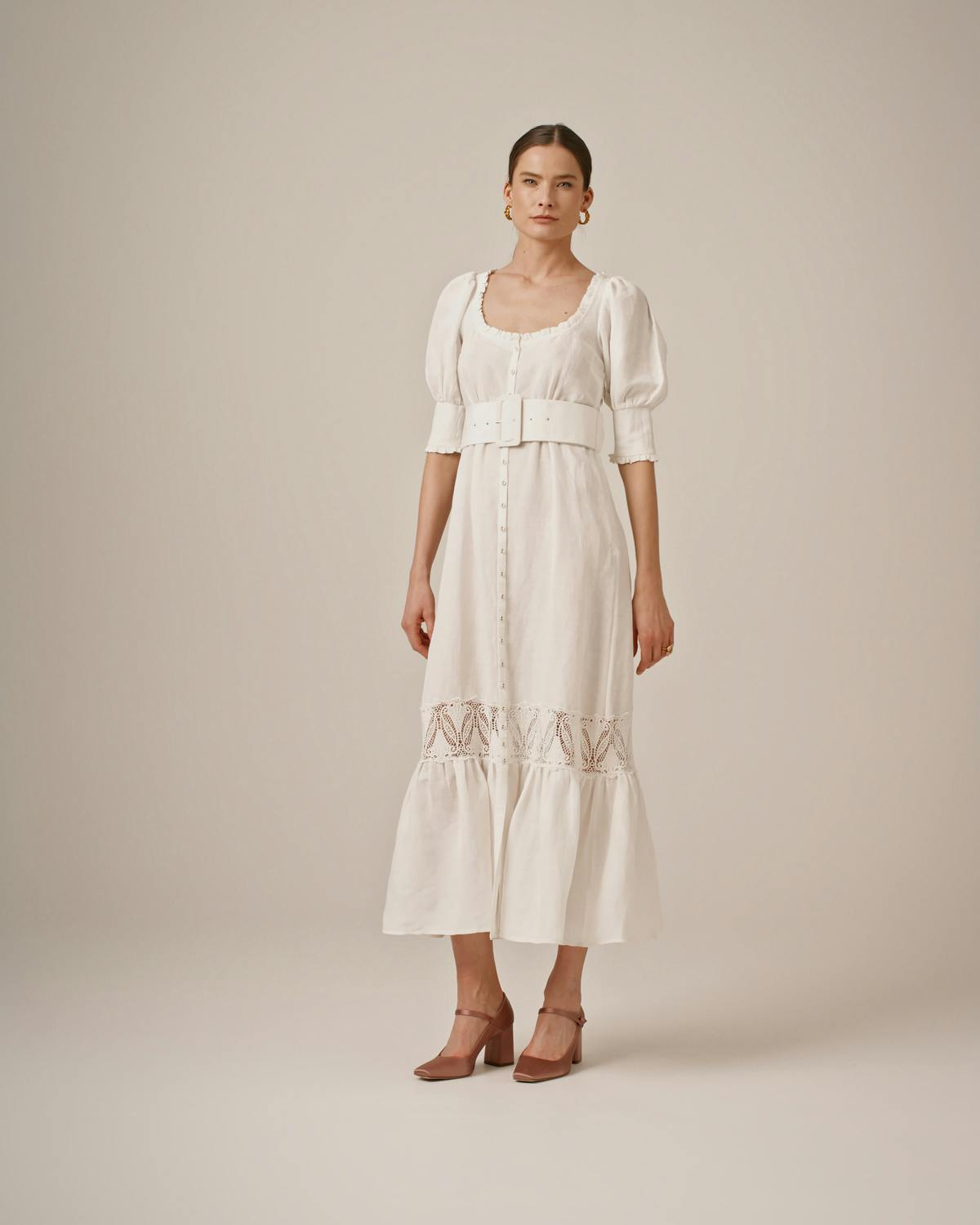 Linen Button Down Dress, Perfect White. Image #2