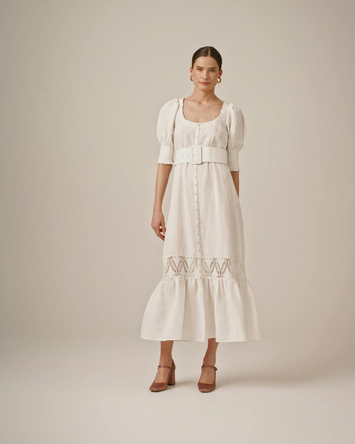 Linen Button Down Dress, Perfect White. Image #1