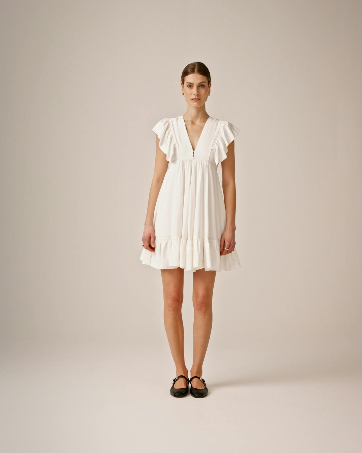 Crinkled Viscose Mini Dress, Perfect White. Image #1
