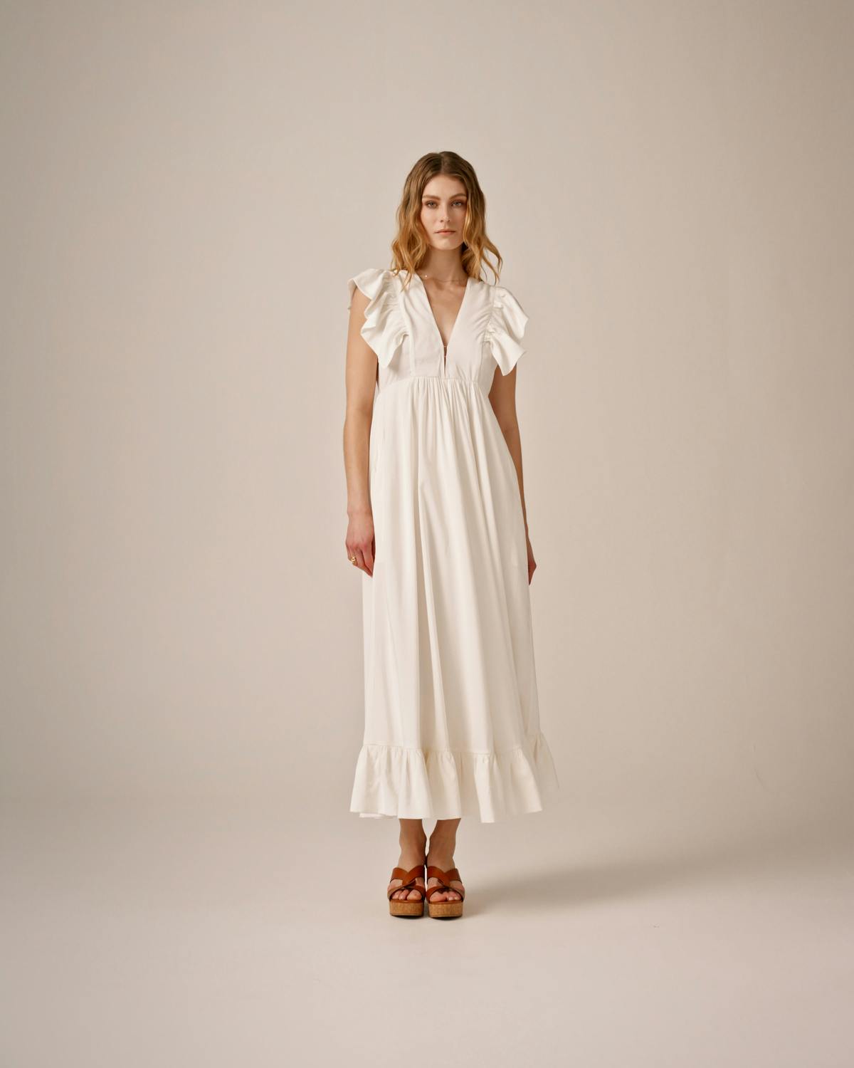 Crinkled Viscose Midi Dress, Perfect White. Image #1