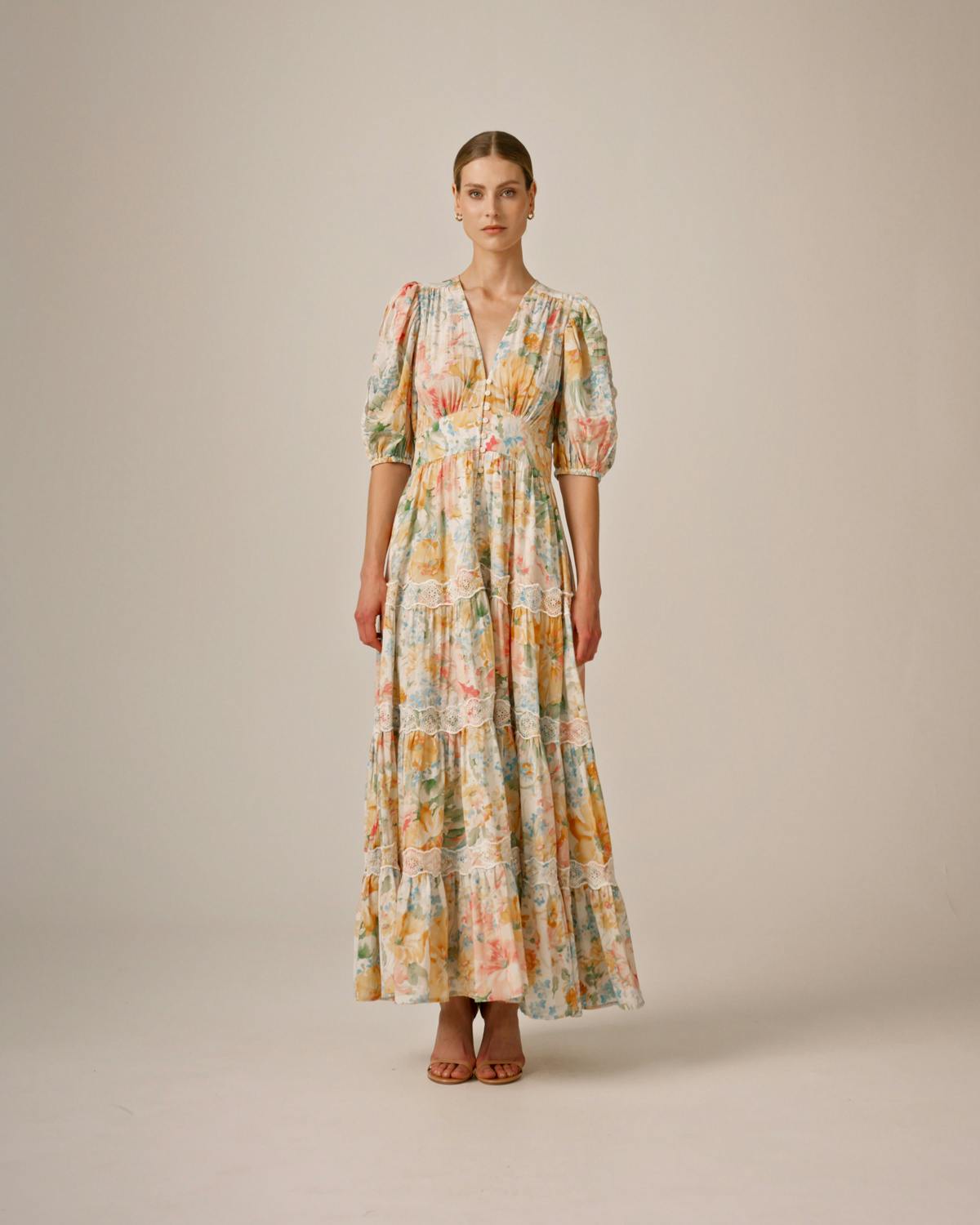 Cotton Slub Tiered Dress, Blooming Pastels. Image #1