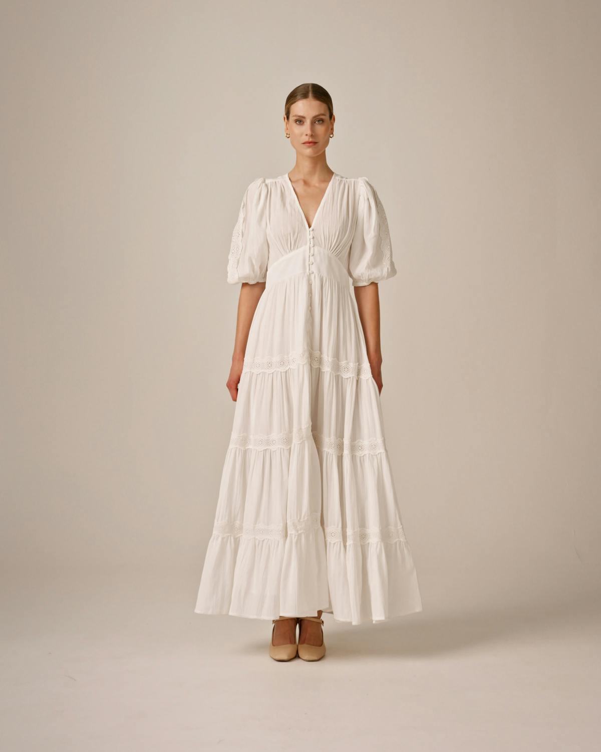 Cotton Slub Tiered Dress, White. Image #5