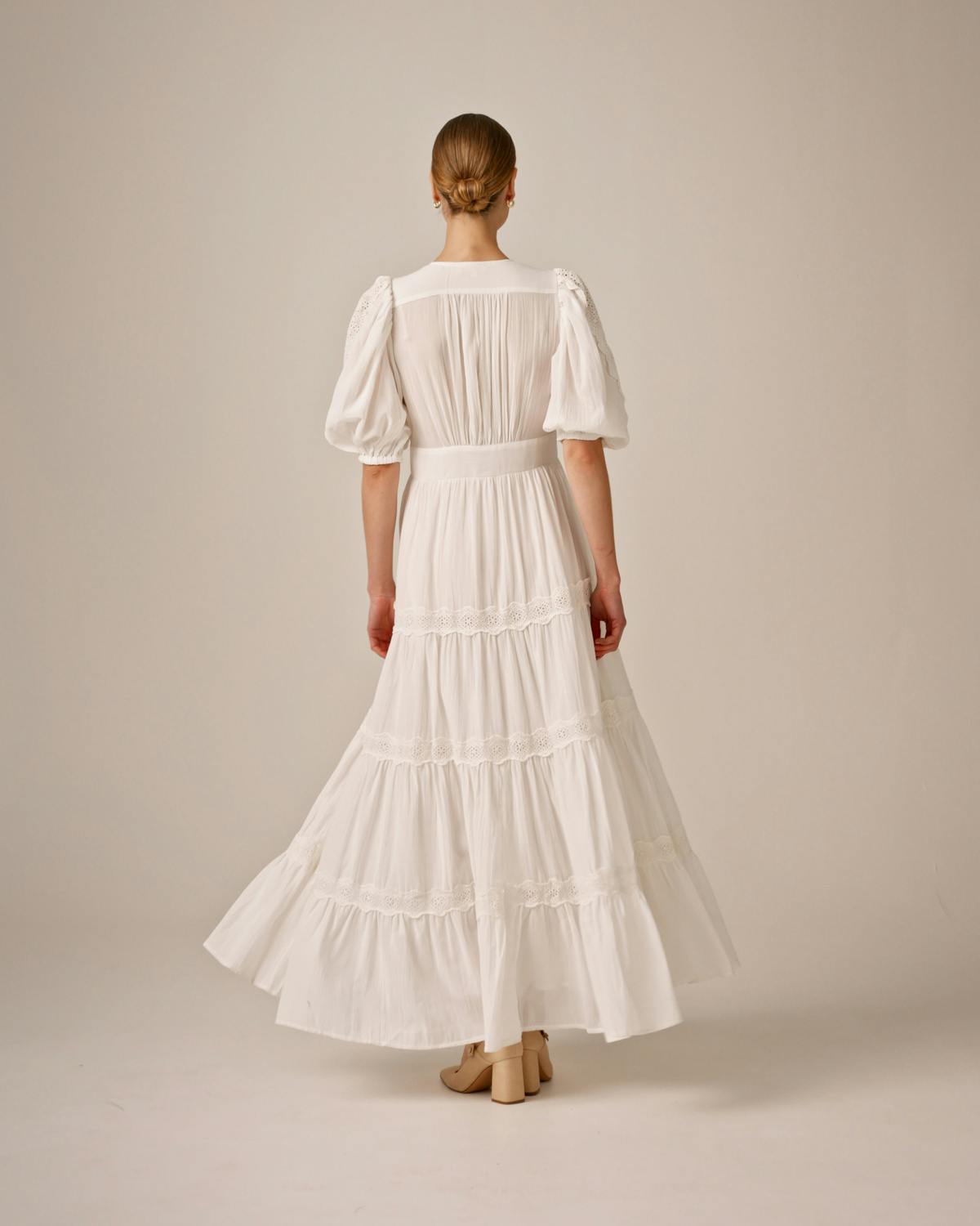Cotton Slub Tiered Dress, White. Image #3