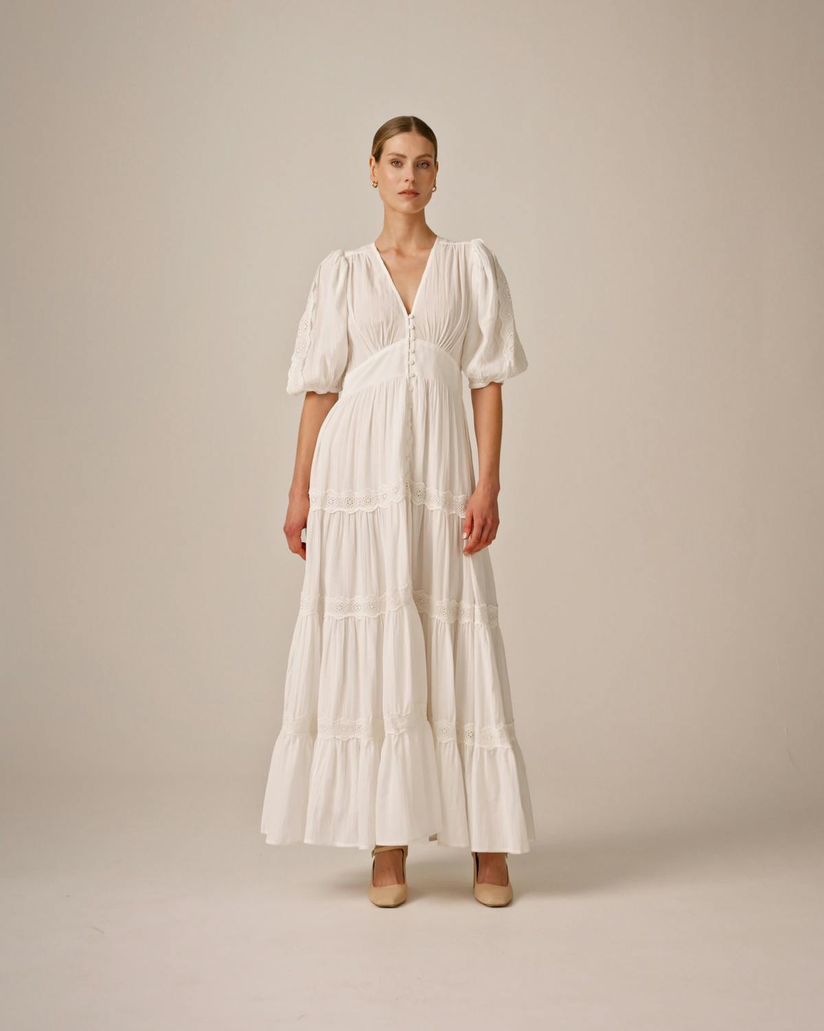 Cotton Slub Tiered Dress, White. Image #2