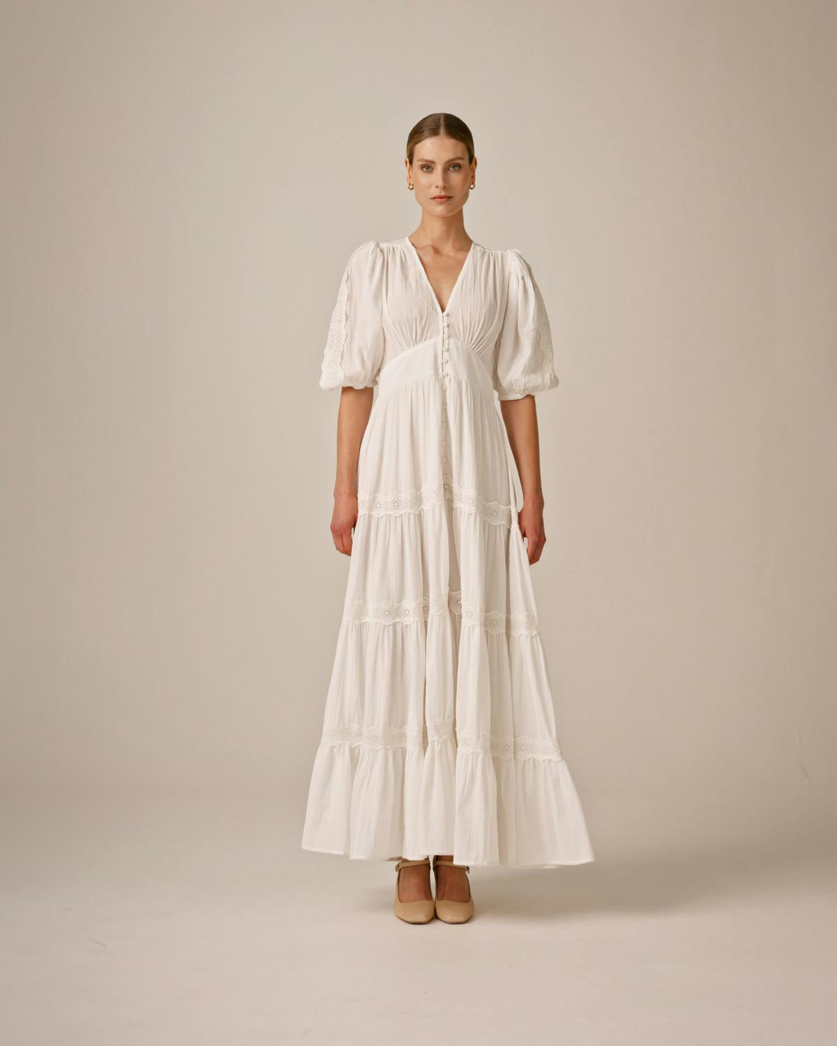 Cotton Slub Tiered Dress, White. Image #1