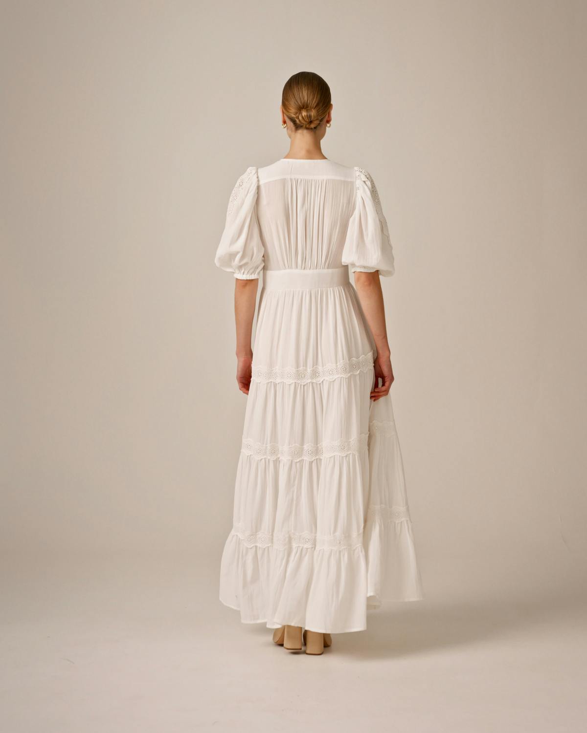 Cotton Slub Tiered Dress, White. Image #4