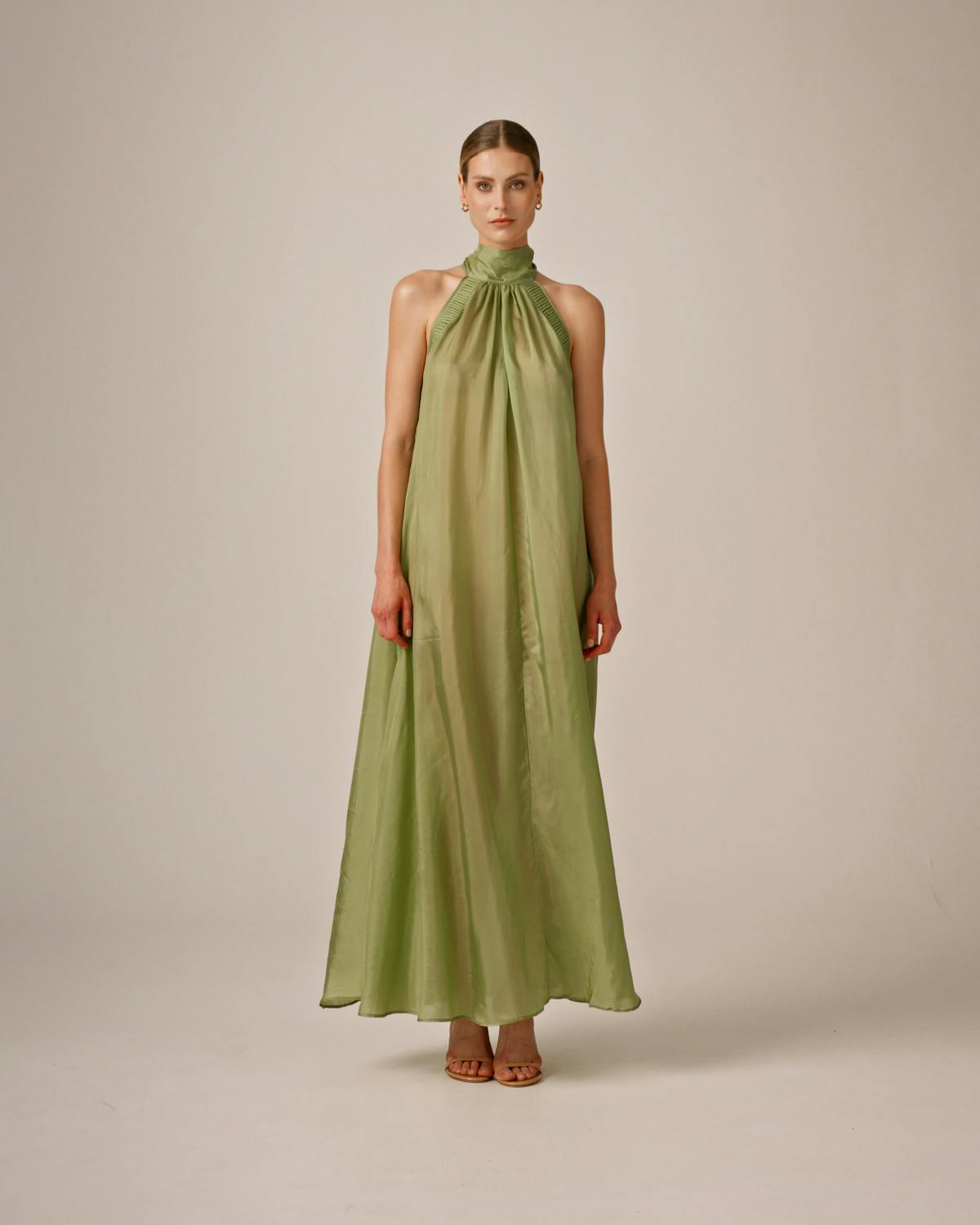 Cupro Halterneck Dress, Green. Image #2