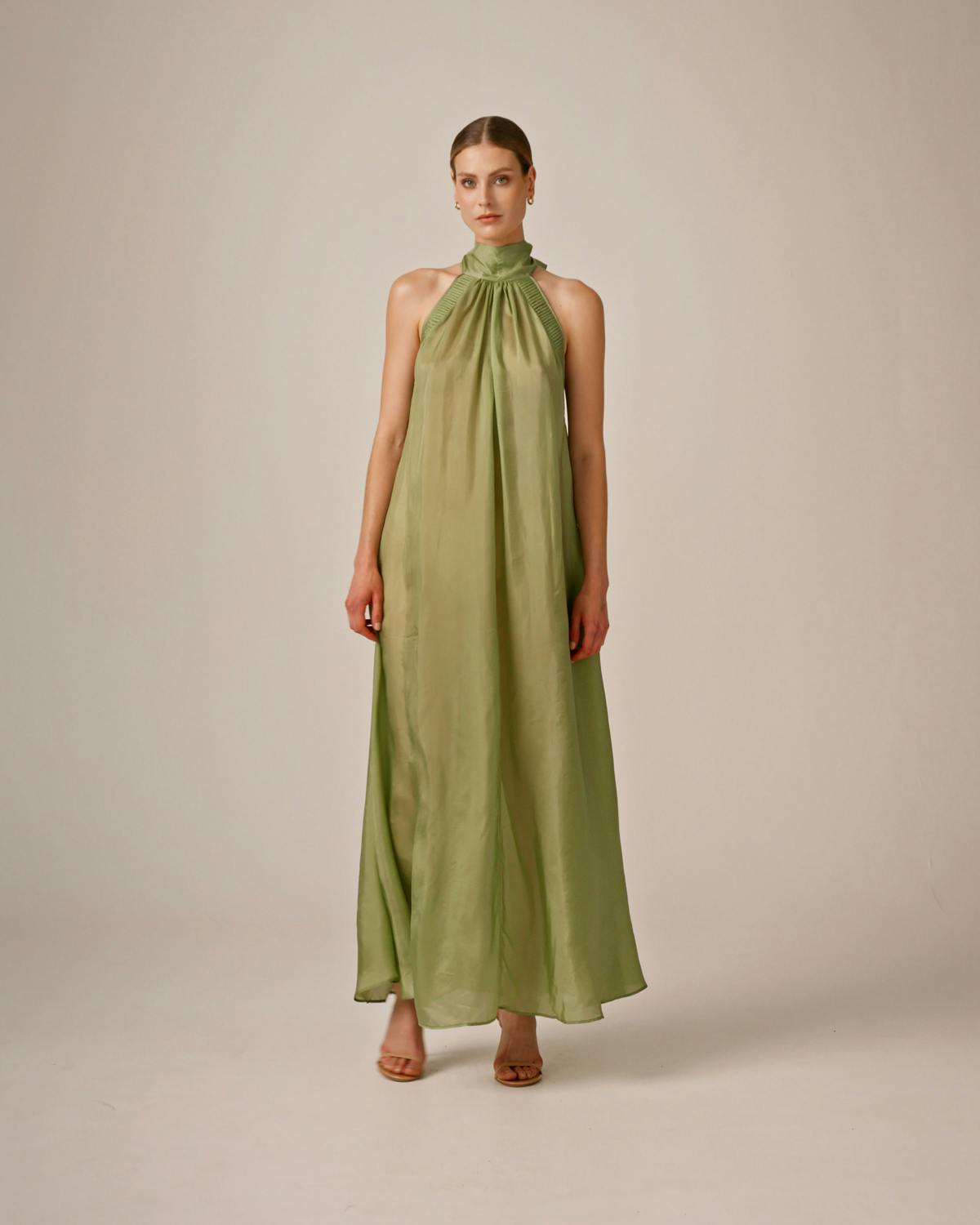 Cupro Halterneck Dress, Green. Image #3