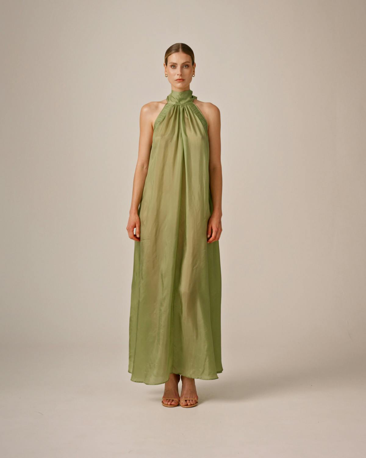 Cupro Halterneck Dress, Green. Image #1