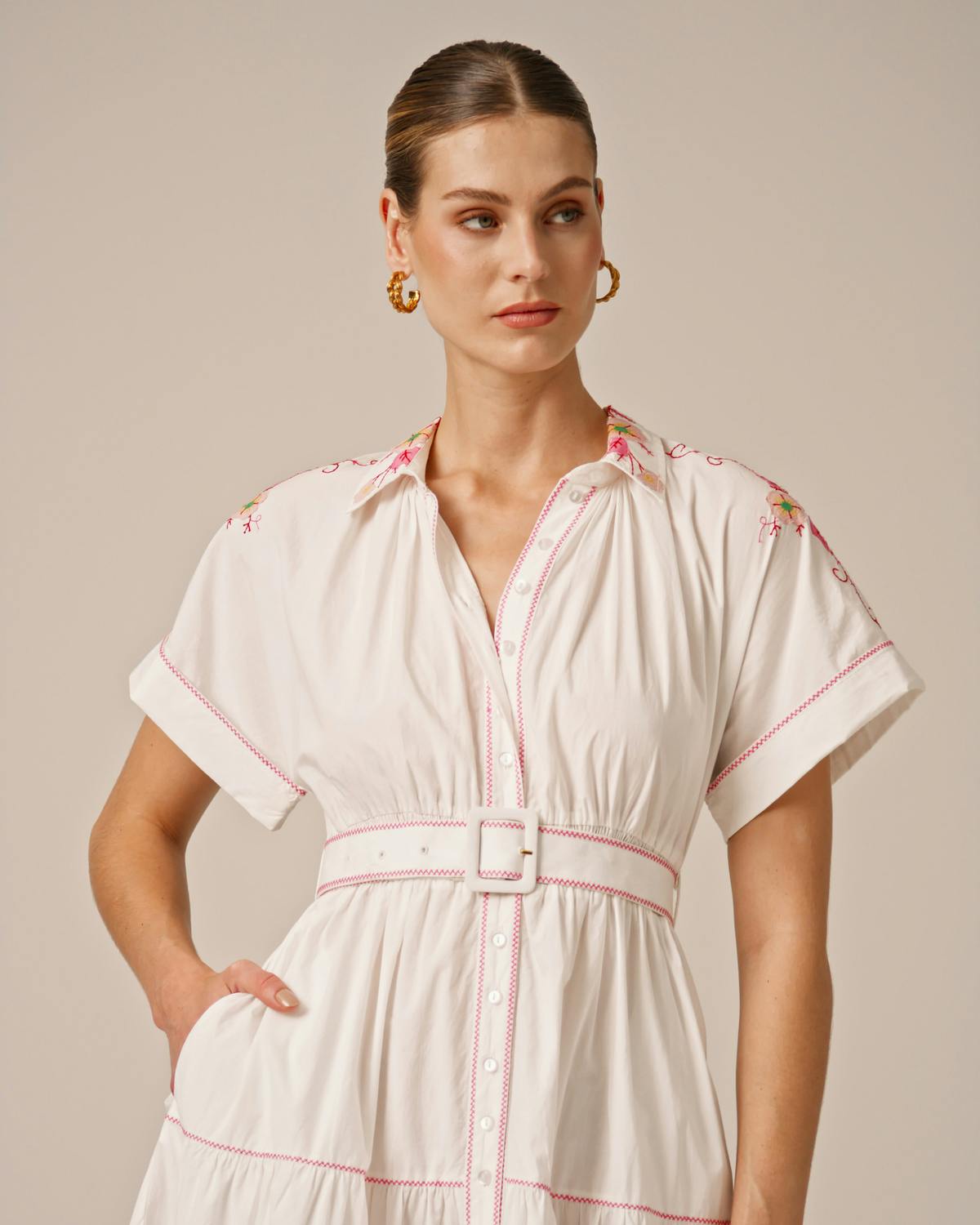 Poplin Embroidered Shirt Dress, White With Embroidery. Image #5