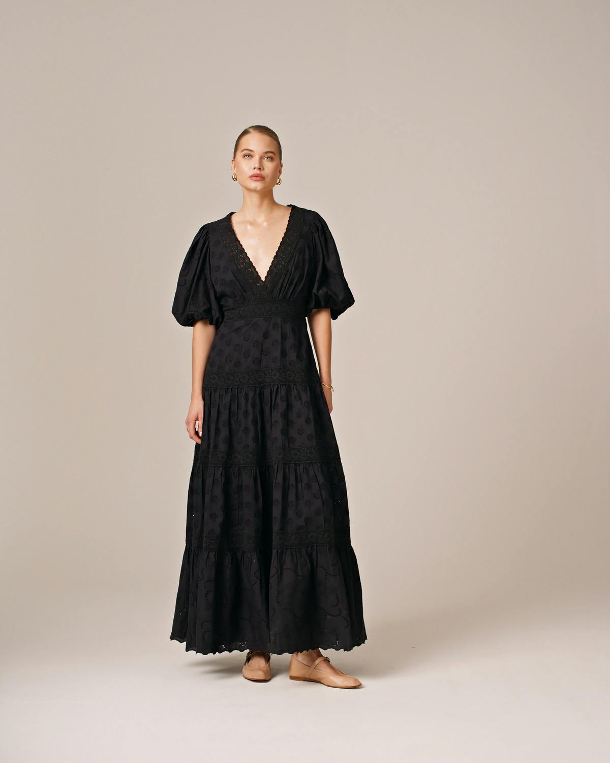 Broderie Anglaise Maxi Dress, Black. Image #1