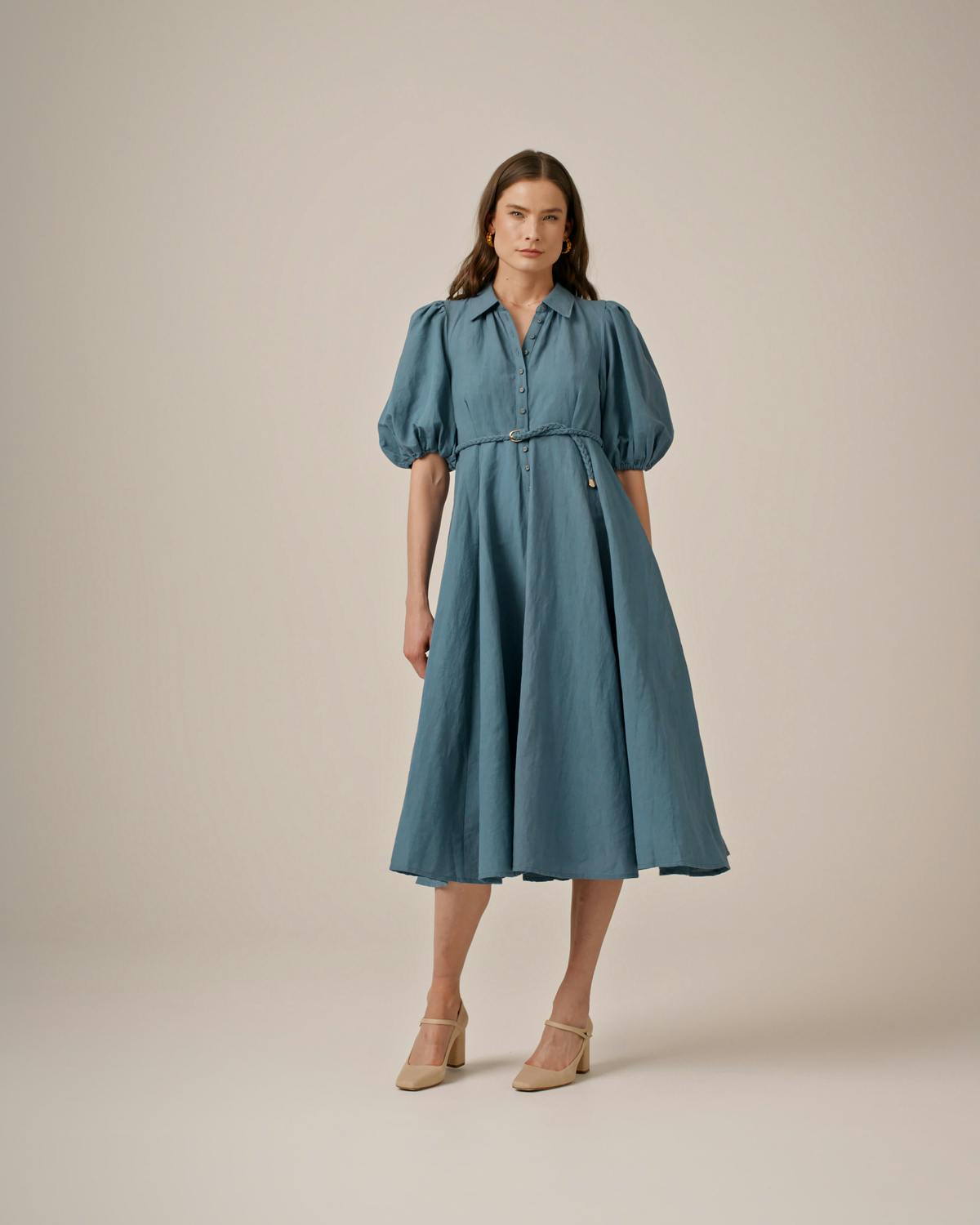 Linen Button-Down Dress, Ocean Blue. Image #1