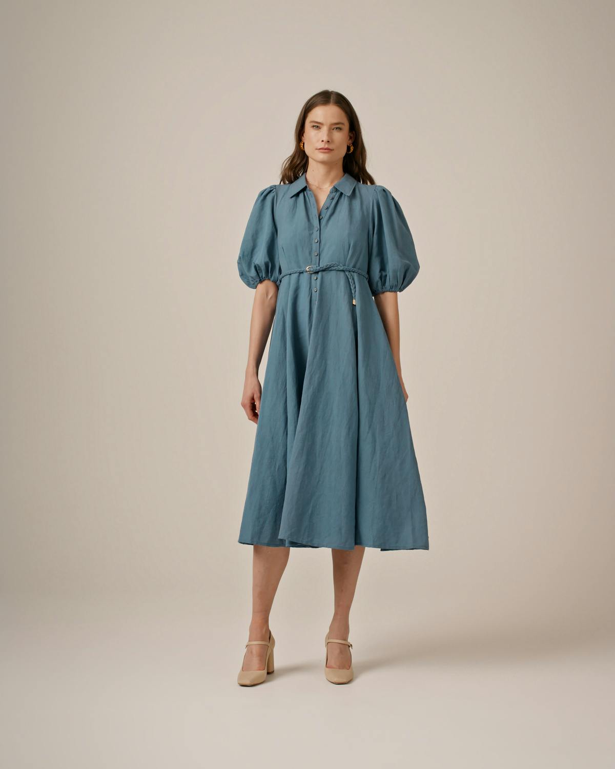 Linen Button-Down Dress, Ocean Blue. Image #2