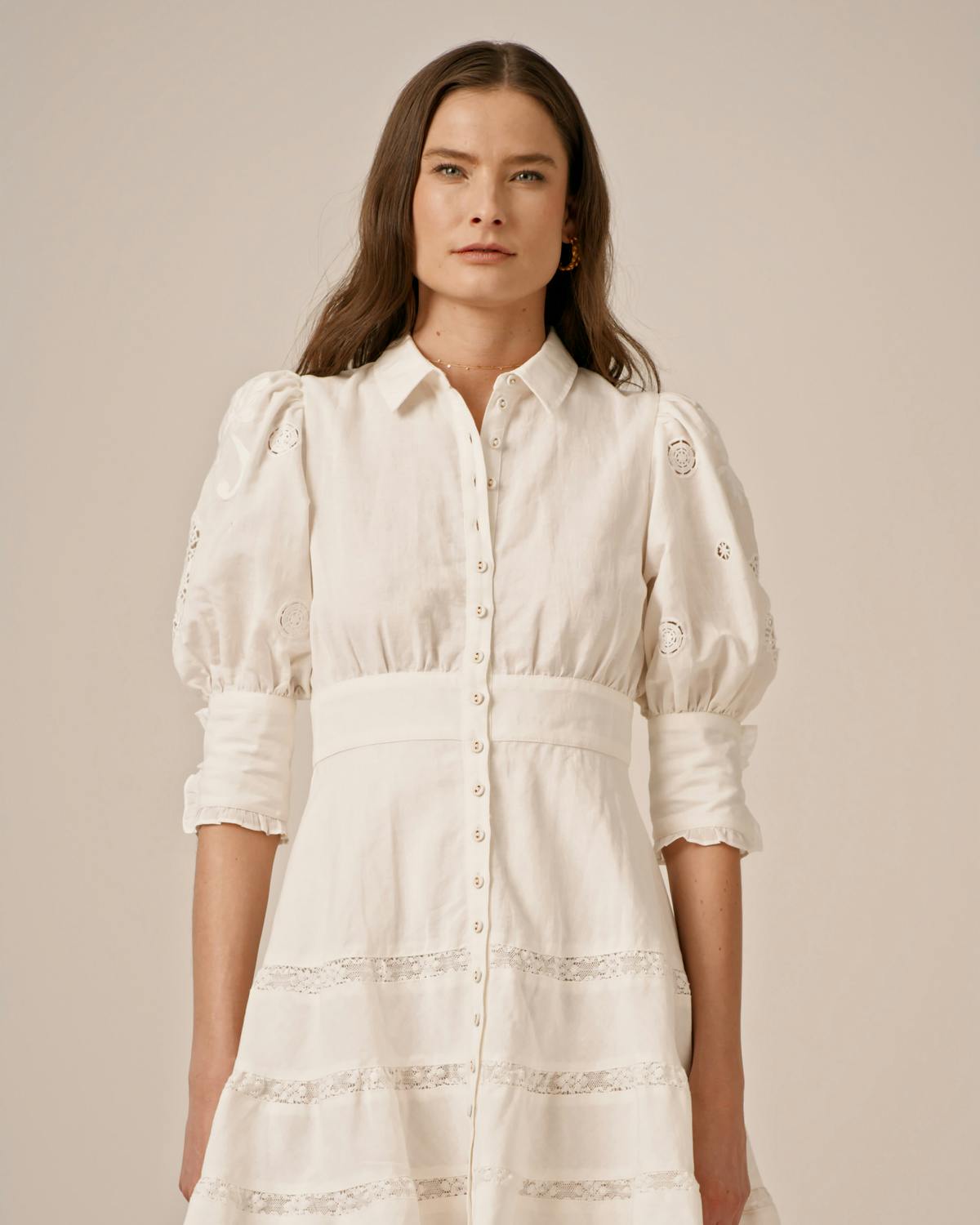 Linen Embroidery Mini Dress, White. Image #2