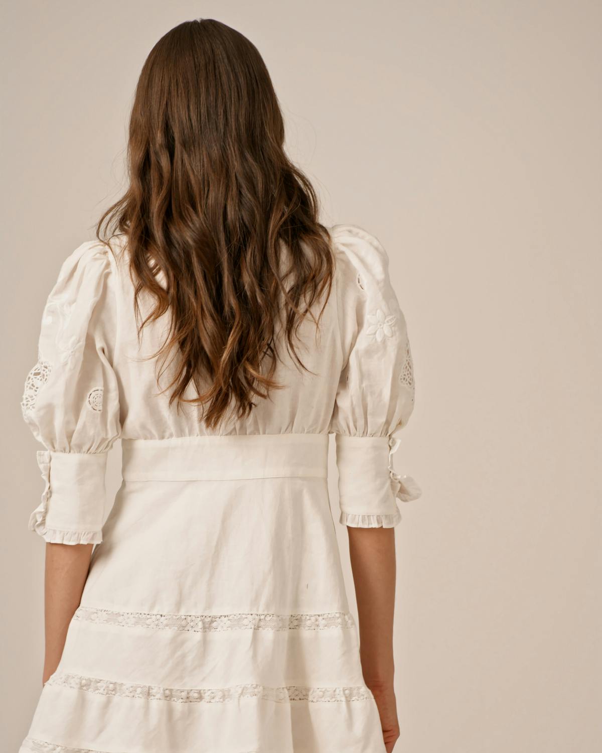 Linen Embroidery Mini Dress, White. Image #3