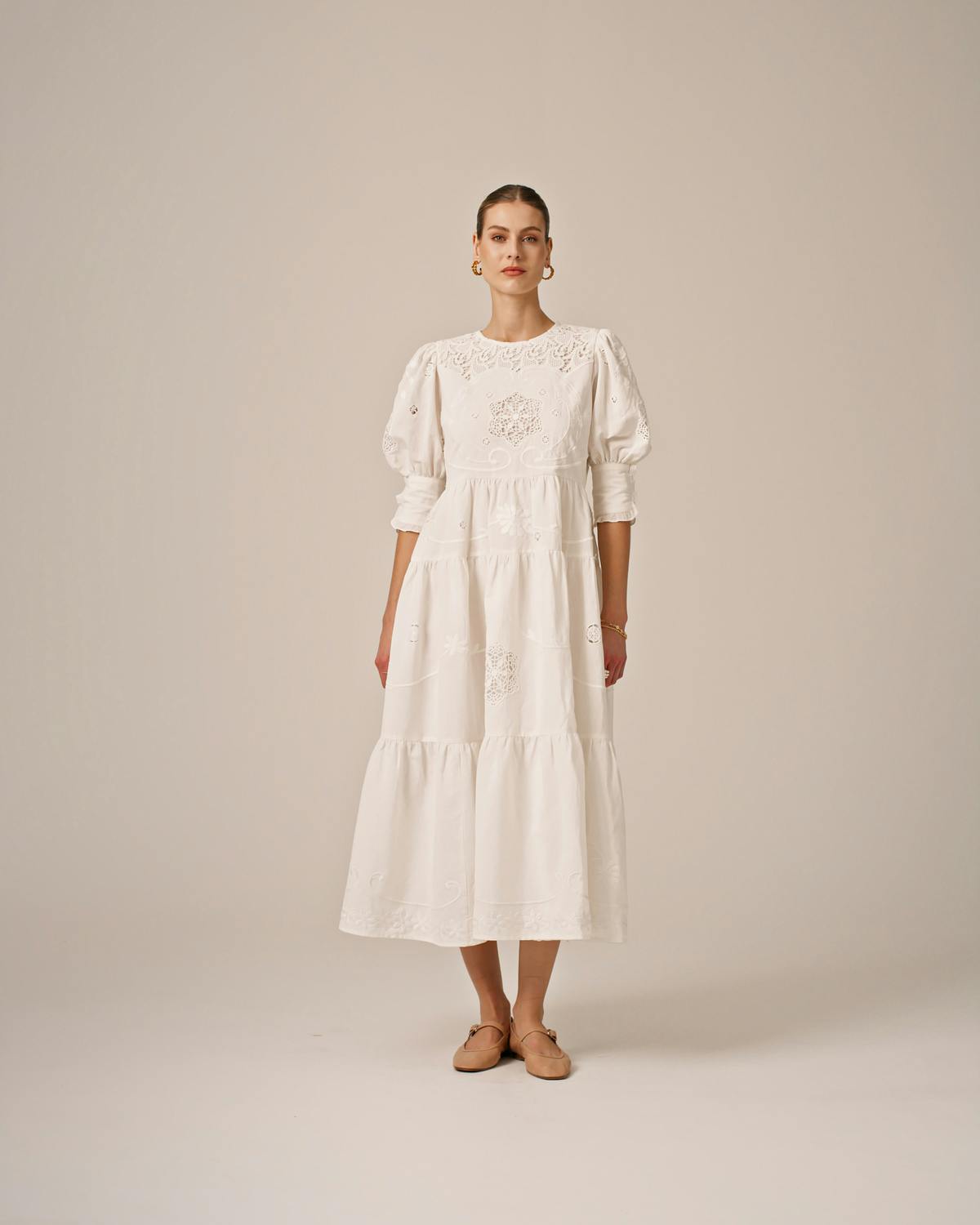 Linen Embroidery Gown, White. Image #5