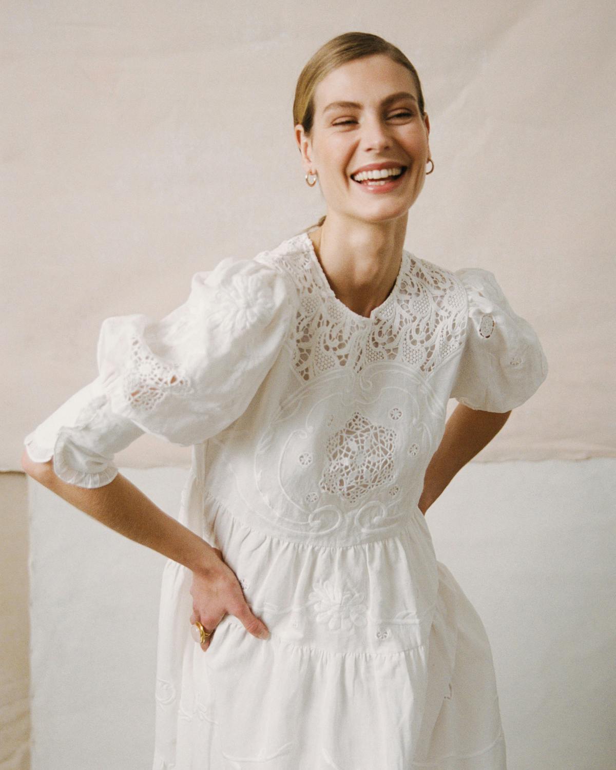 Linen Embroidery Gown, White. Image #2
