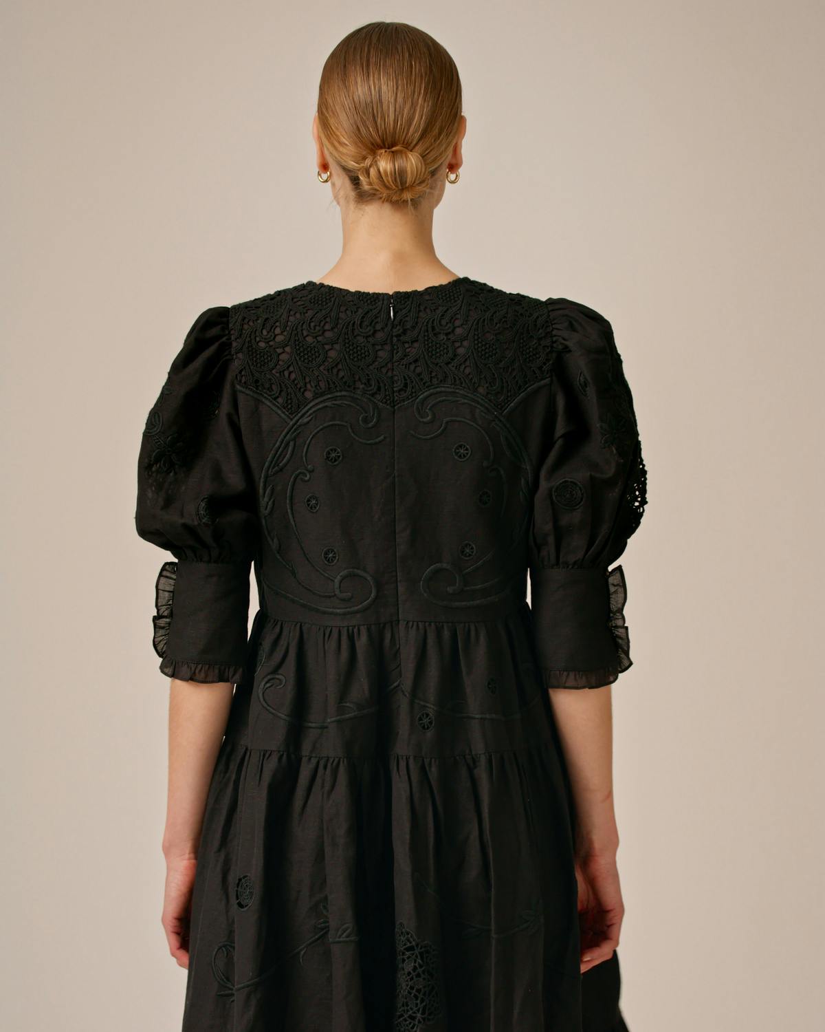 Linen Embroidery Gown, Black. Image #3