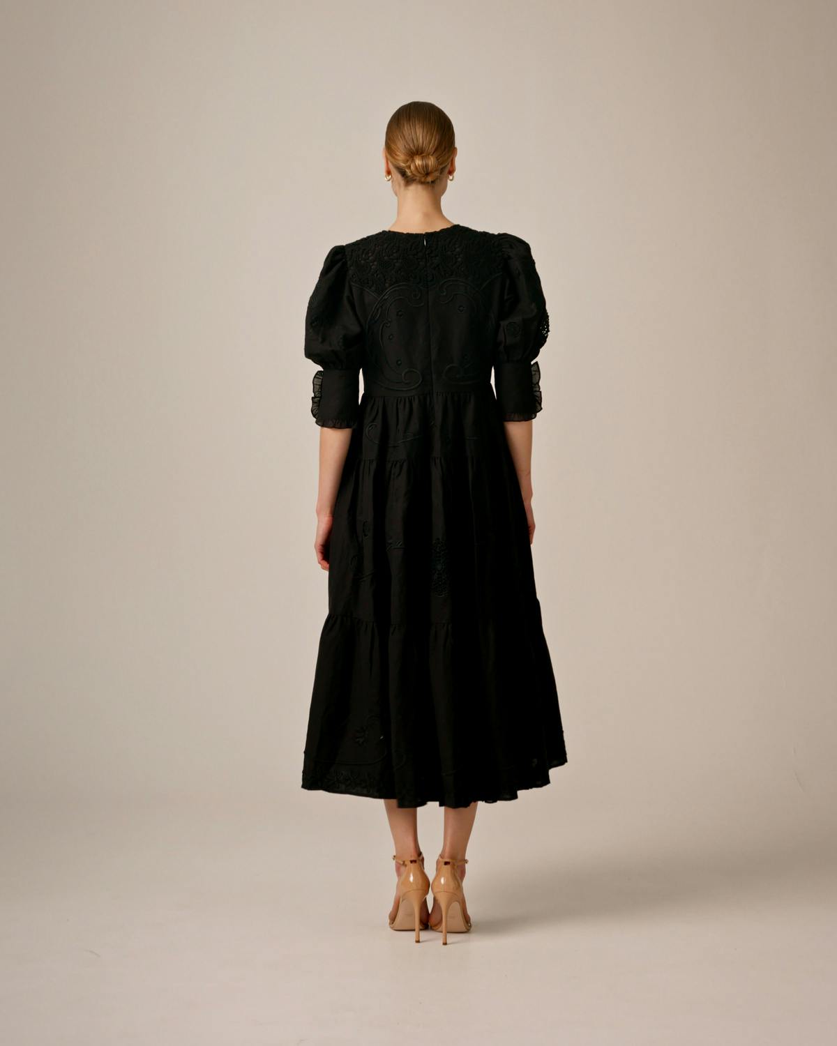 Linen Embroidery Gown, Black. Image #5