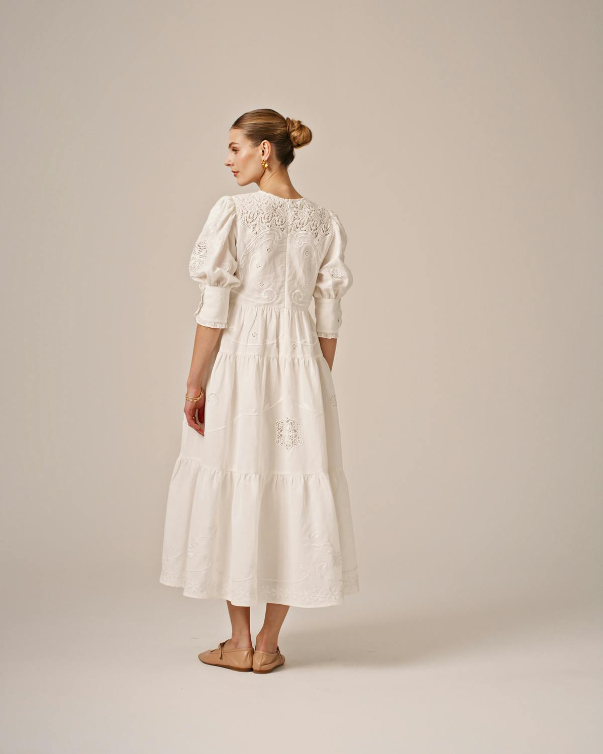 Linen Embroidery Gown, White. Image #3