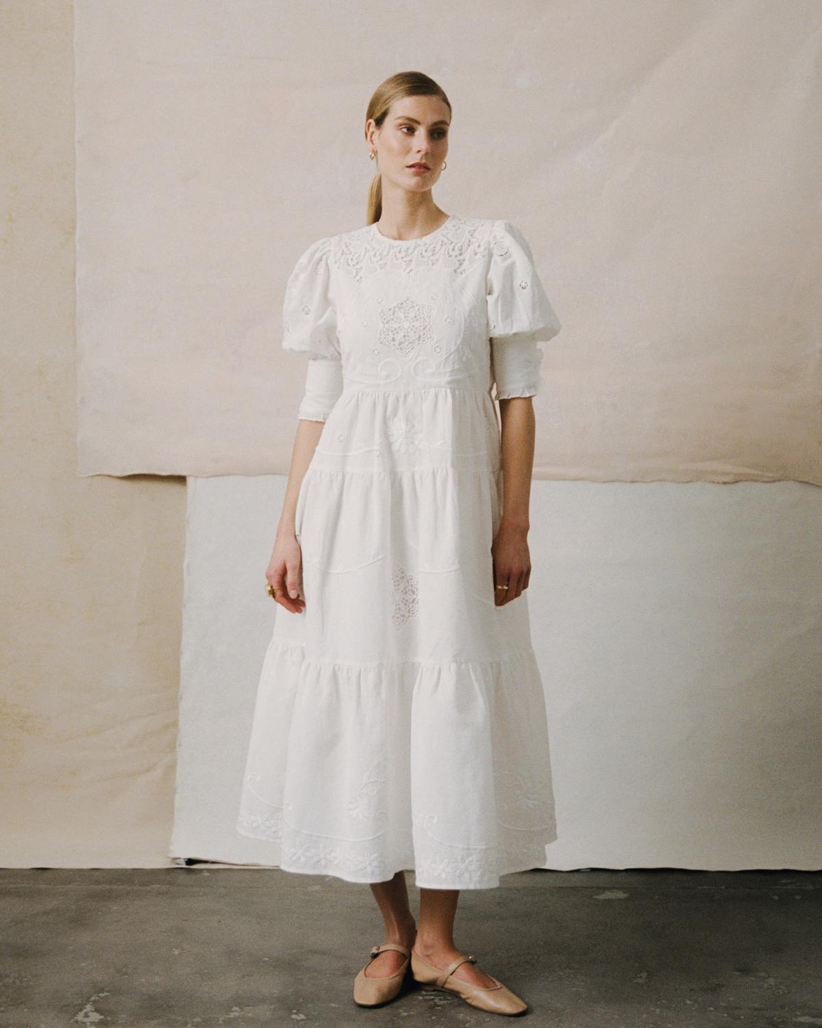 Linen Embroidery Gown, White. Image #1