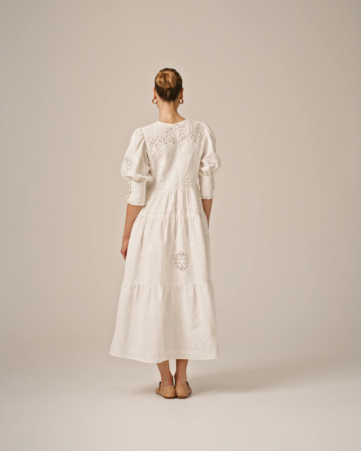 Linen Embroidery Gown, White. Image #4