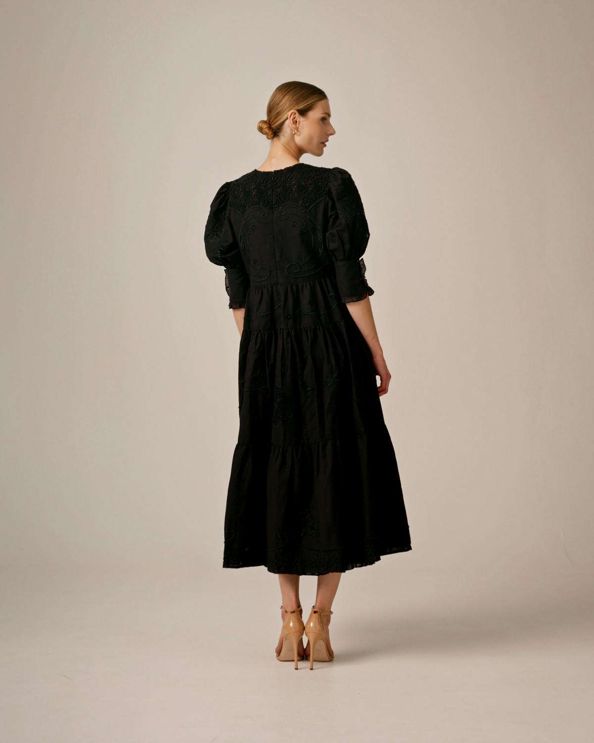 Linen Embroidery Gown, Black. Image #4