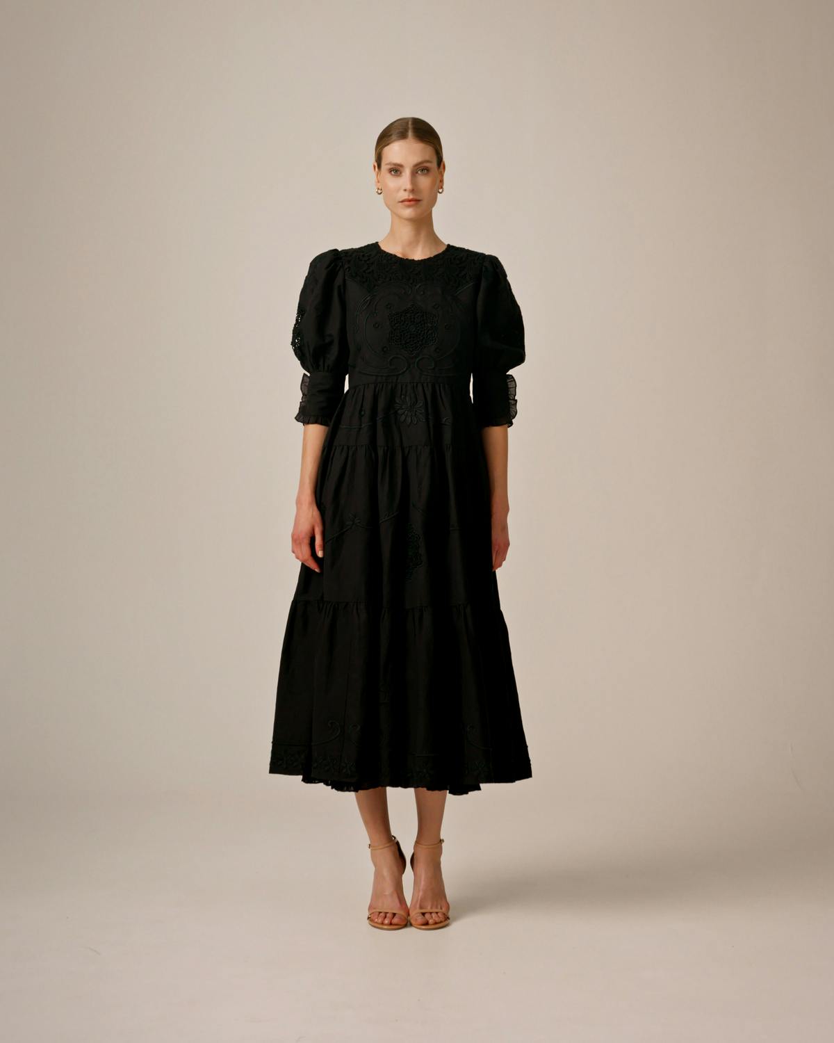 Linen Embroidery Gown, Black. Image #6
