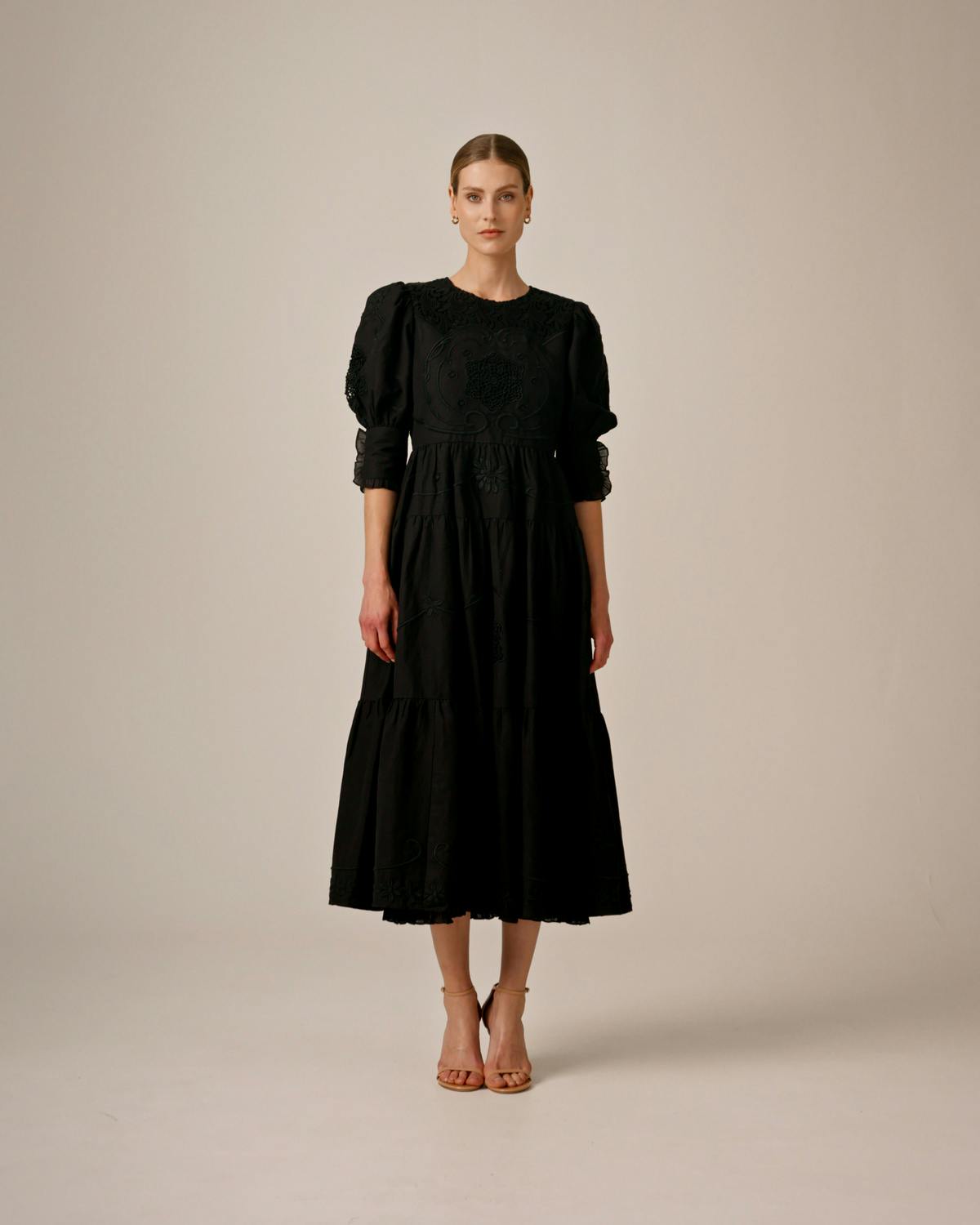 Linen Embroidery Gown, Black. Image #1