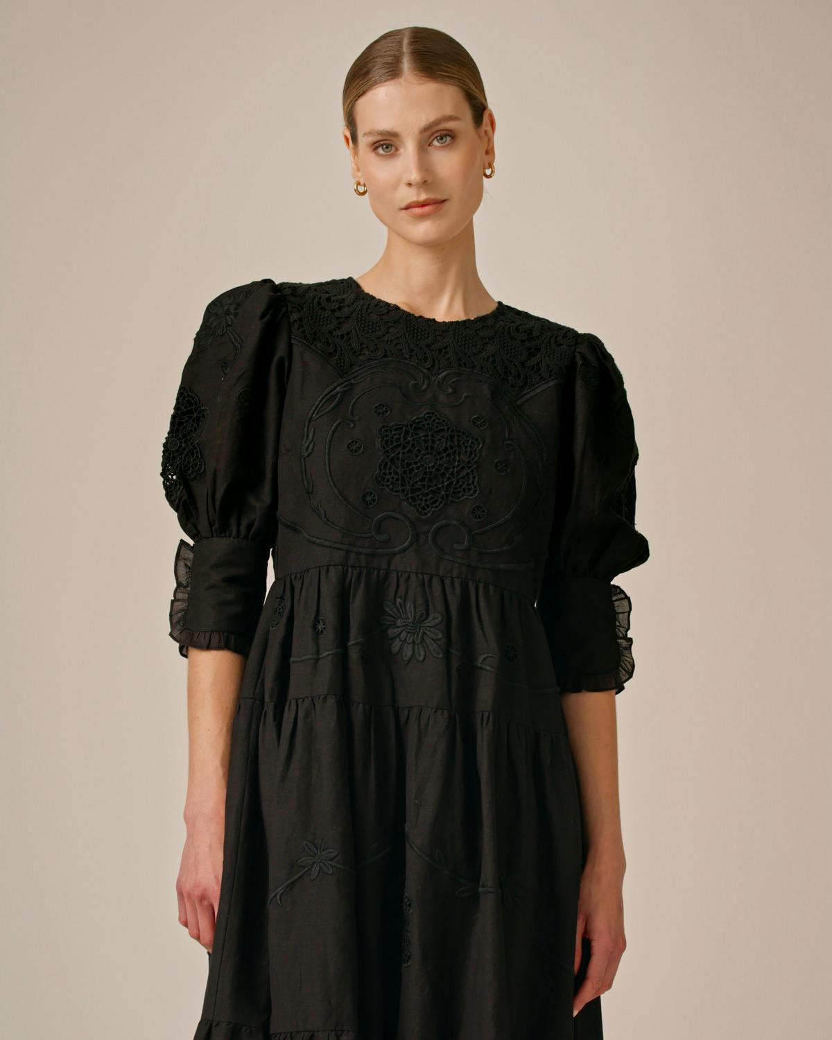 Linen Embroidery Gown, Black. Image #2