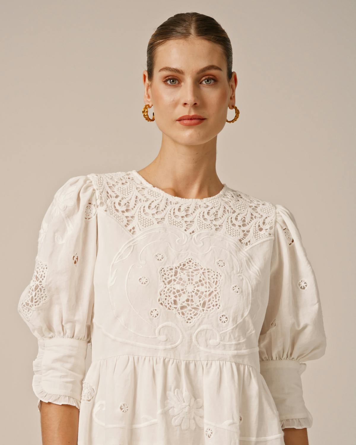 Linen Embroidery Gown, White. Image #6