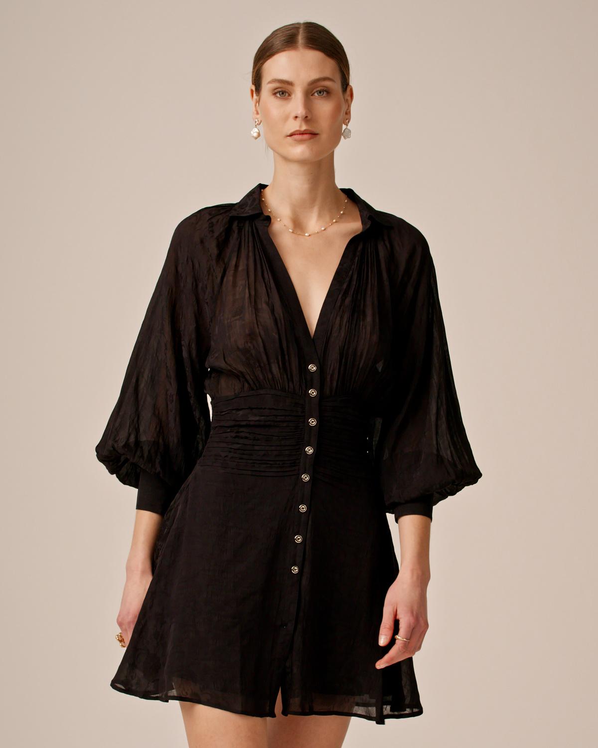 Georgette Rouching Dress, Black. Image #3