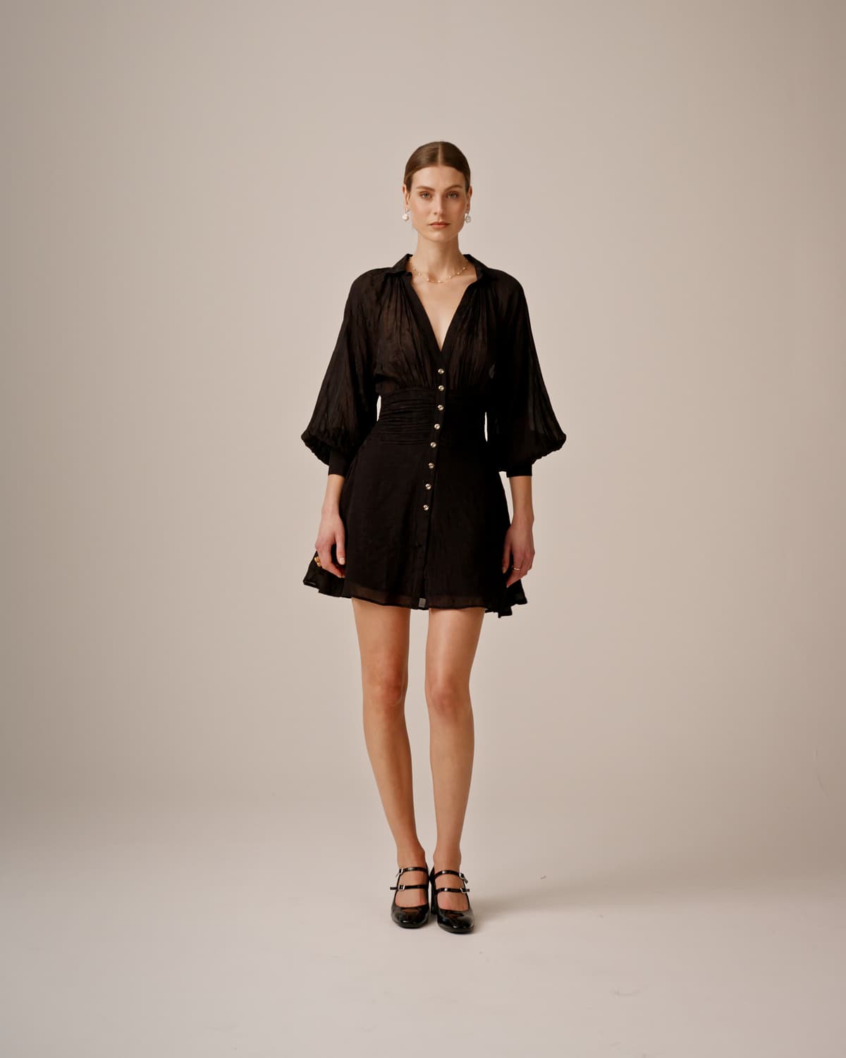 Georgette Rouching Dress, Black. Image #1