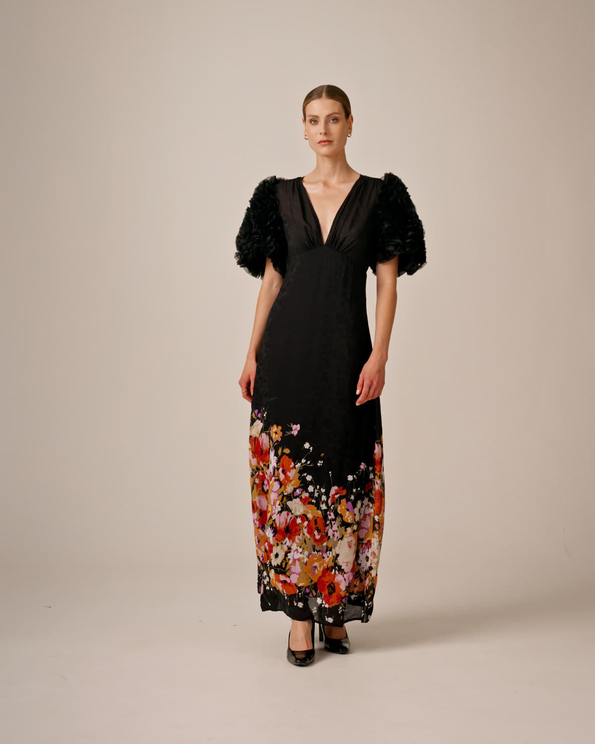 Georgette Ruffle Gown, Dark Bloom. Image #1