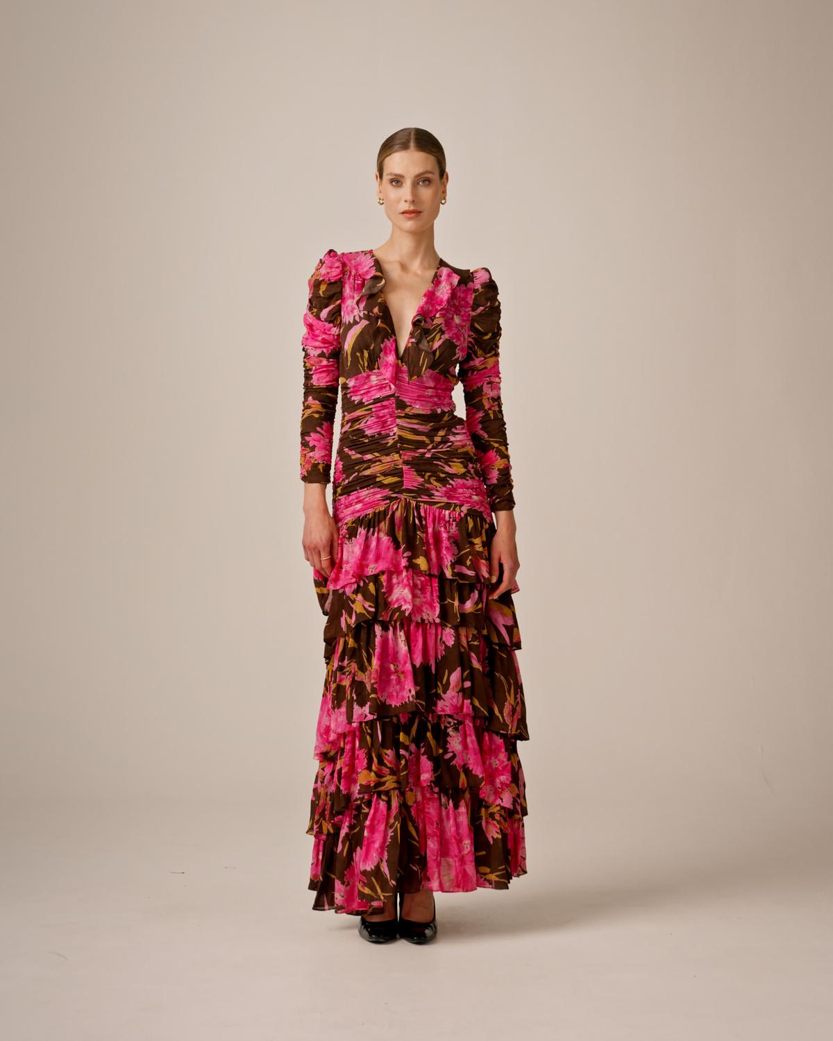 Georgette Flounce Gown, Poppy Pink. Image #2