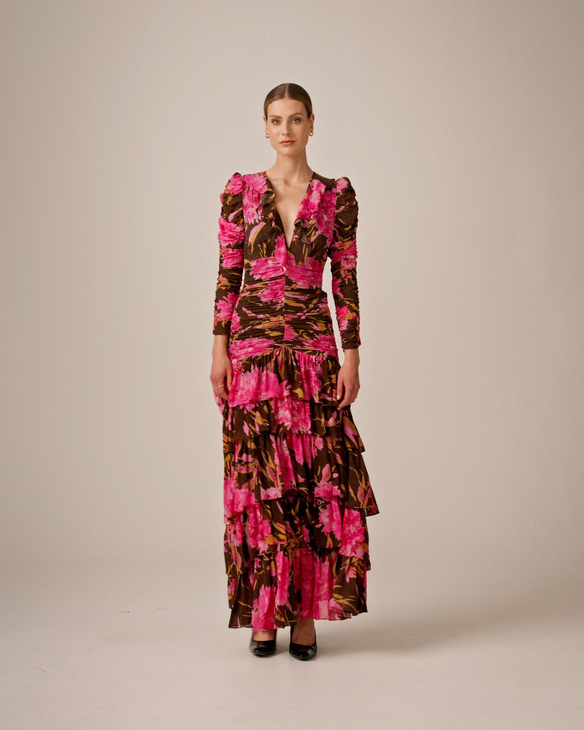 Georgette Flounce Gown, Poppy Pink. Image #1